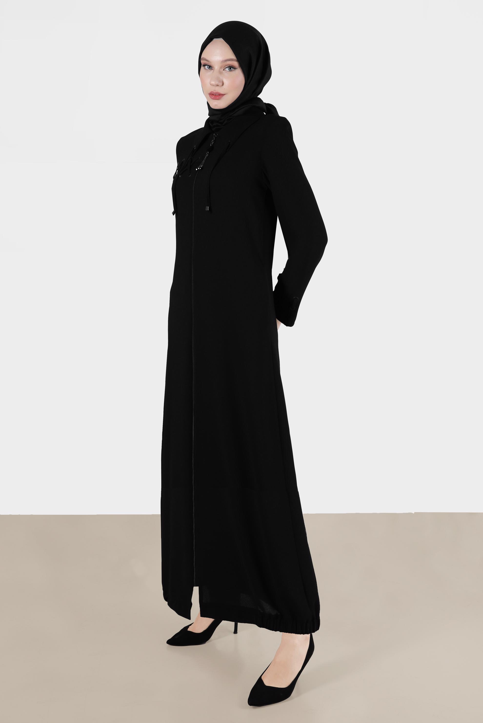 Tesettür giyim SİYAH KUŞGÖZÜ DETAYLI FERMUARLI PARDESÜ 10534	