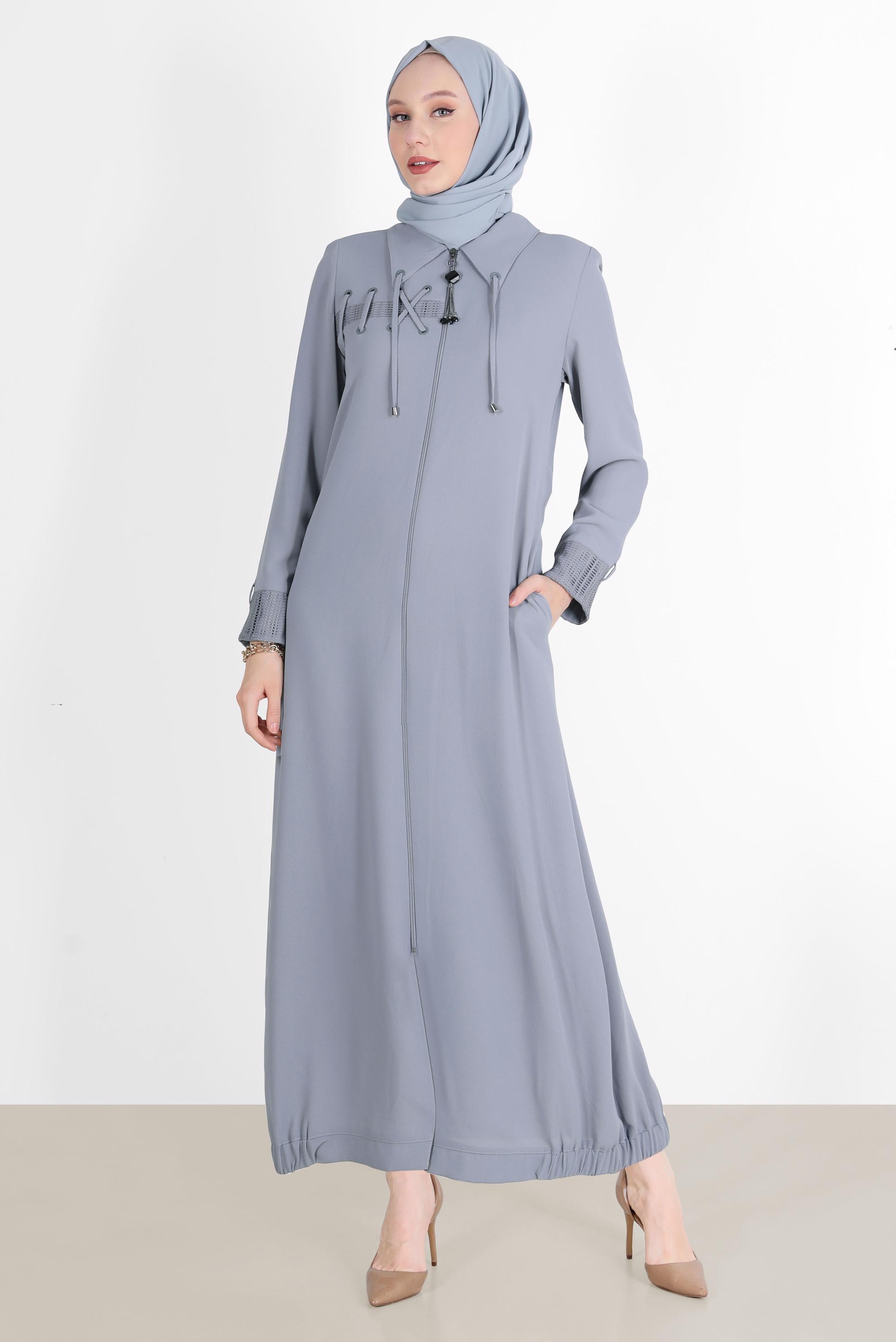 Tesettür giyim GRİ KUŞGÖZÜ DETAYLI FERMUARLI PARDESÜ 10534	