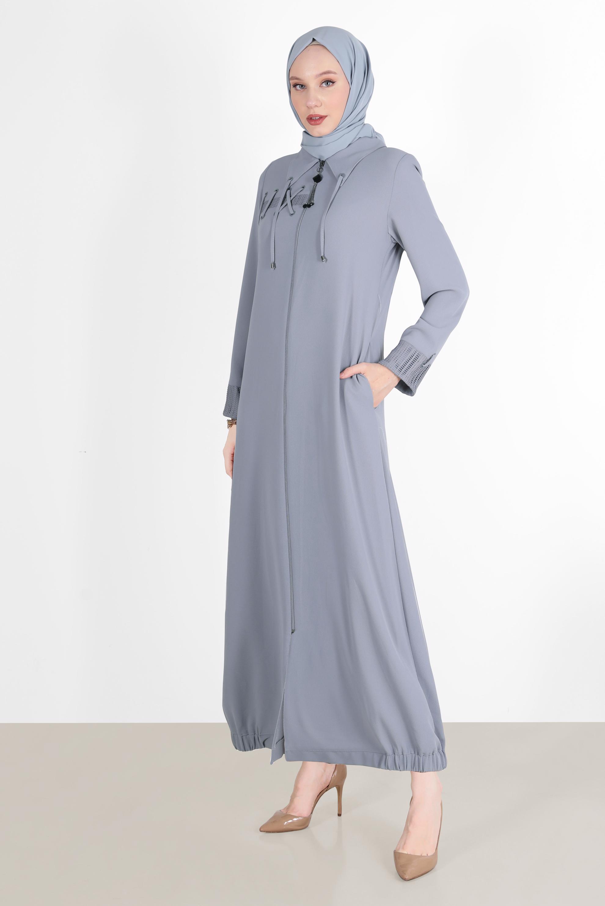 Tesettür giyim GRİ KUŞGÖZÜ DETAYLI FERMUARLI PARDESÜ 10534	