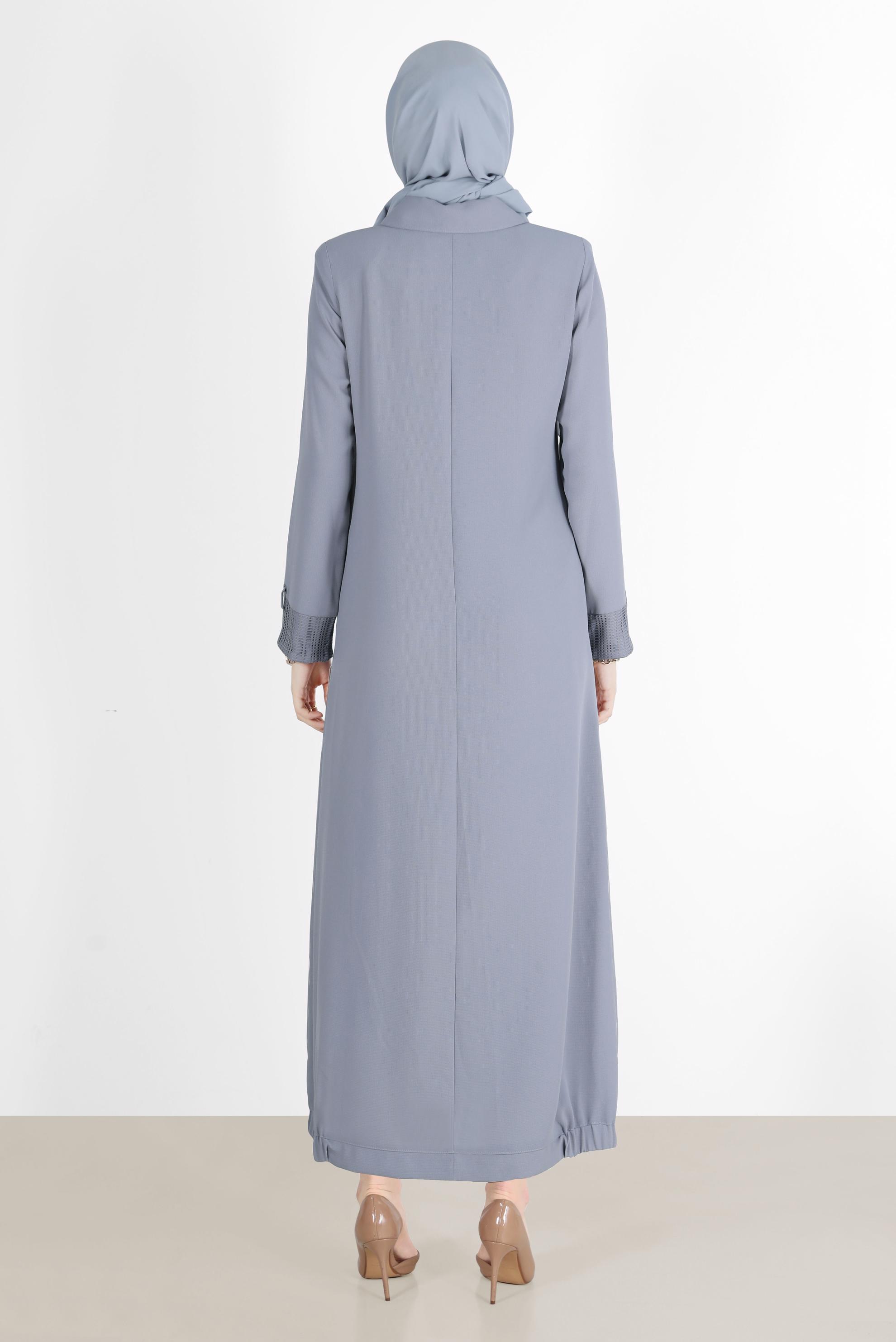 Tesettür giyim GRİ KUŞGÖZÜ DETAYLI FERMUARLI PARDESÜ 10534	