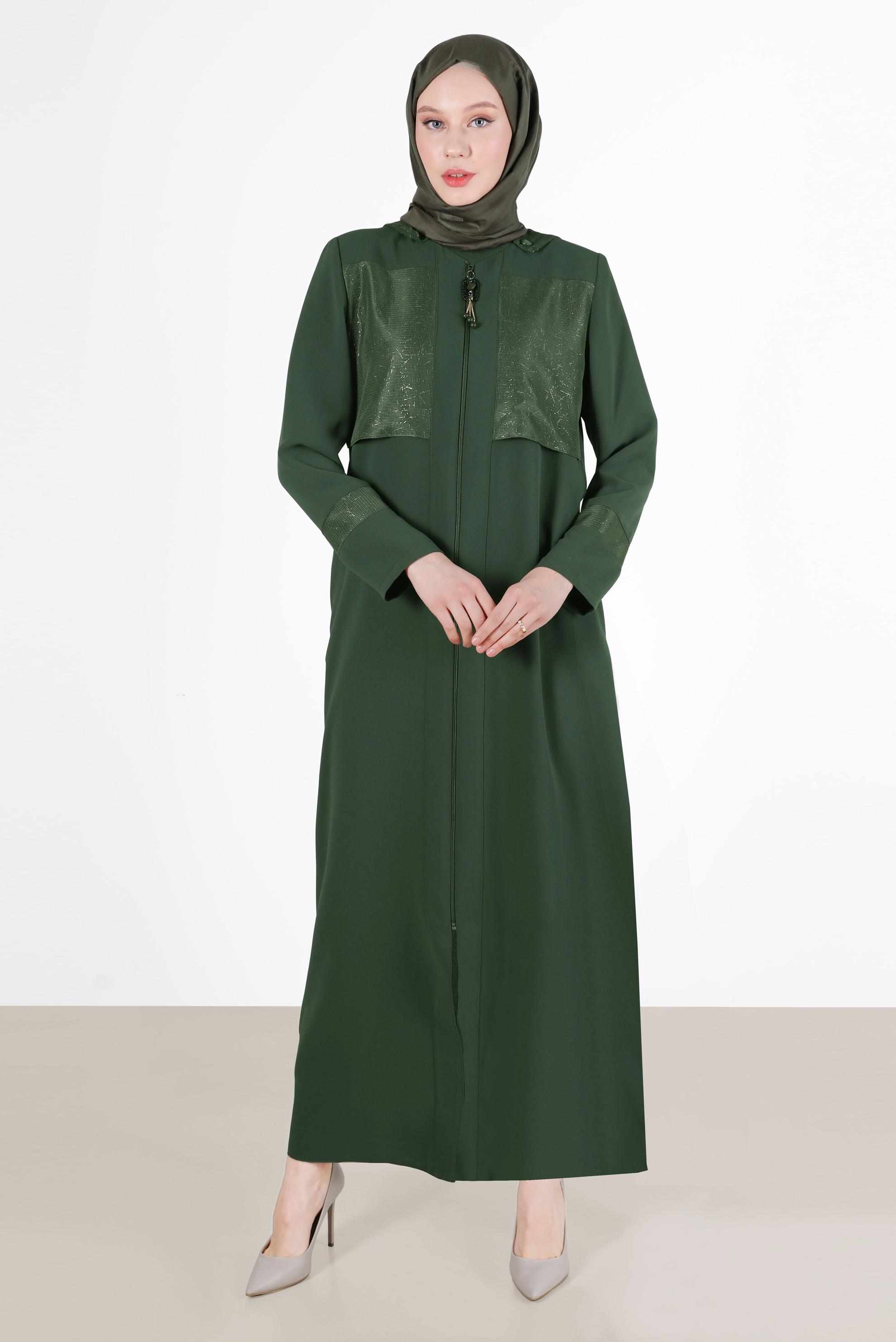 Tesettür giyim HAKİ PARLAK KUMAŞ DETAYLI FERMUARLI PARDESÜ 10535 