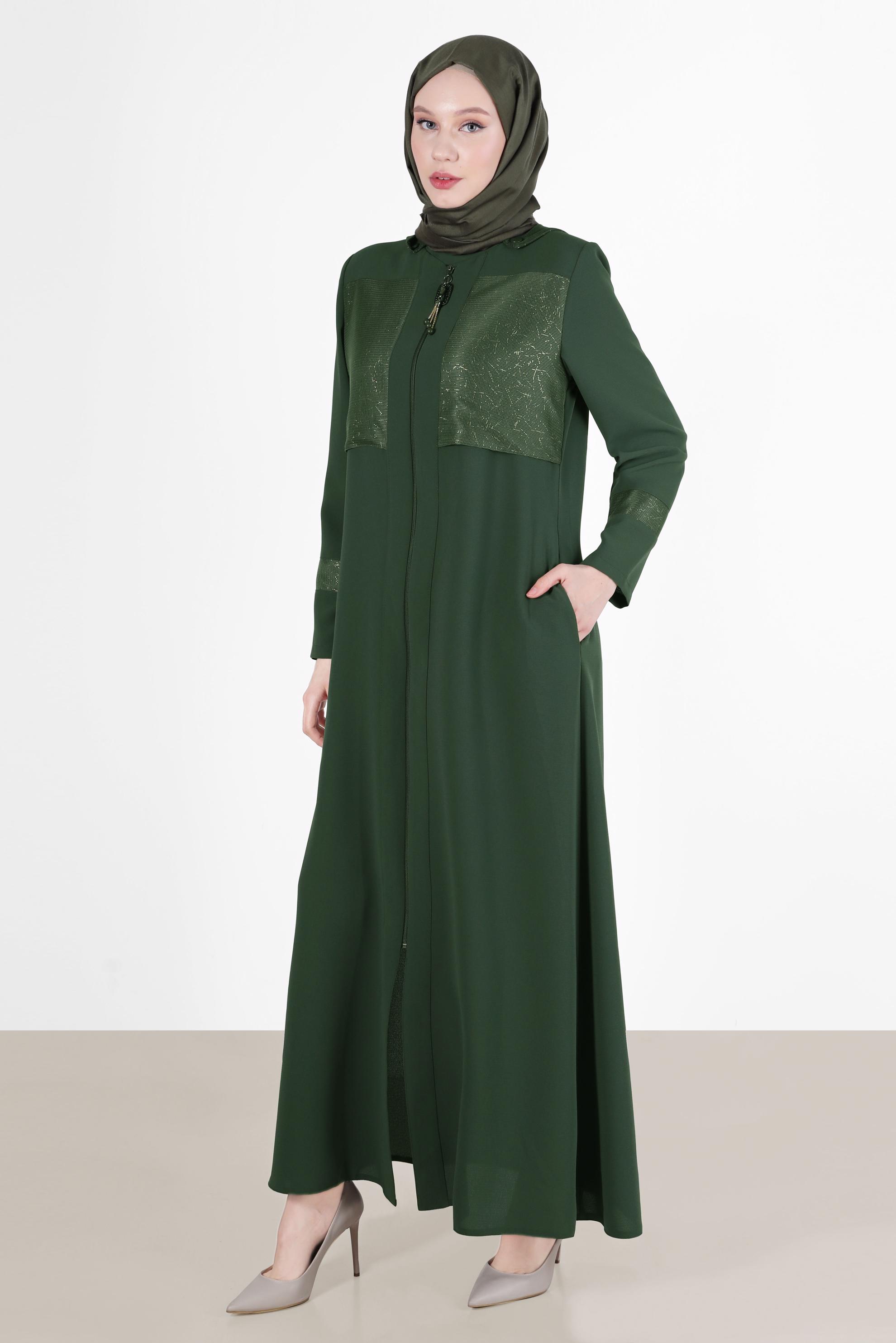 Tesettür giyim HAKİ PARLAK KUMAŞ DETAYLI FERMUARLI PARDESÜ 10535 