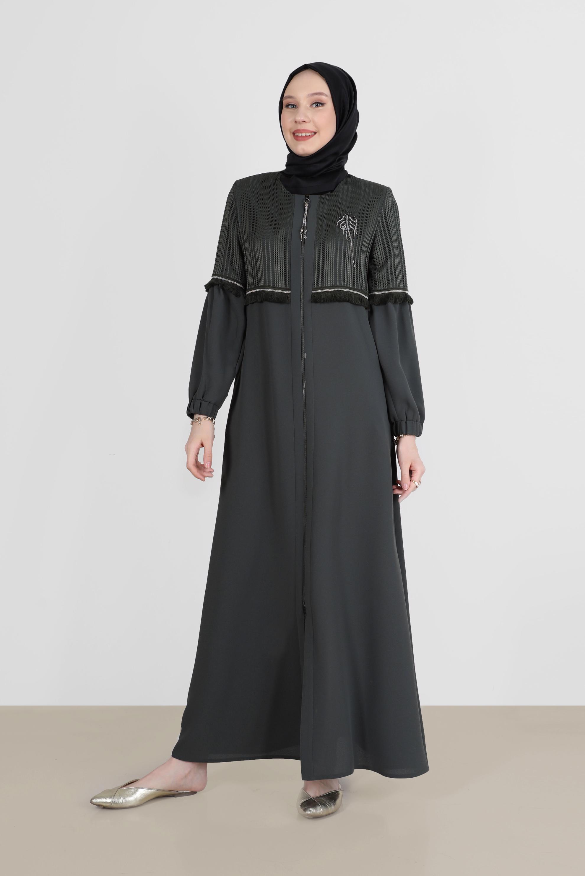 Tesettür giyim HAKİ PÜSKÜLLÜ İŞLEME DETAYLI PARDESÜ 10536 