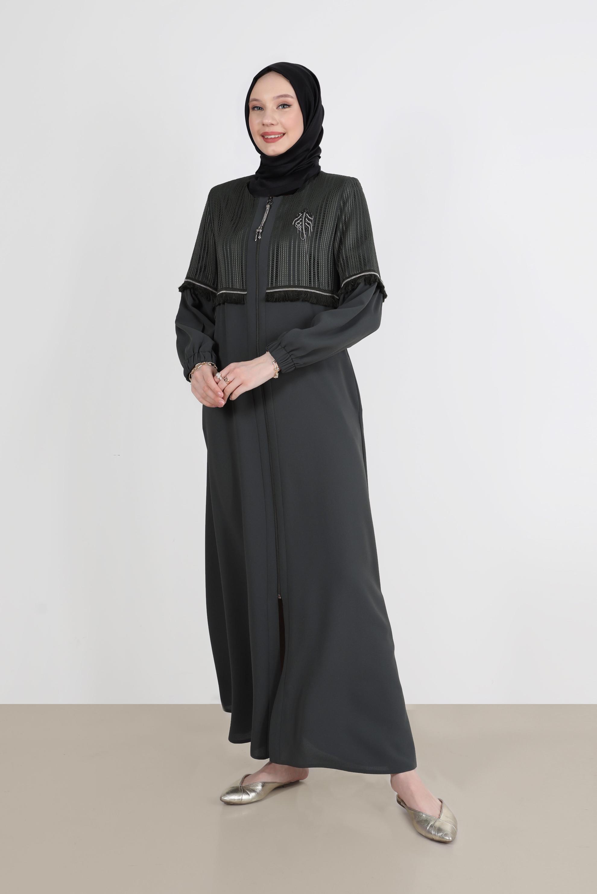 Tesettür giyim HAKİ PÜSKÜLLÜ İŞLEME DETAYLI PARDESÜ 10536 