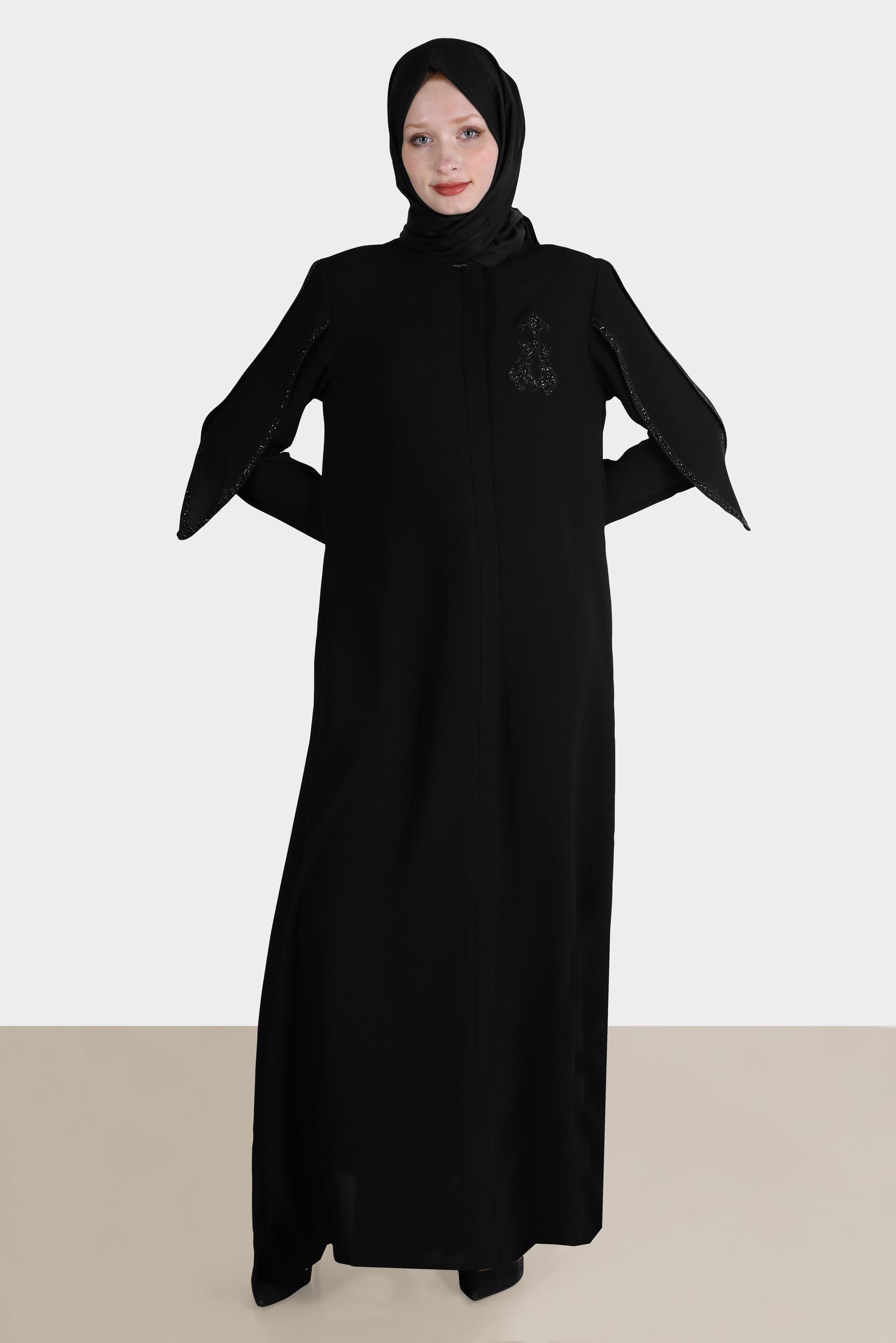 Tesettür giyim SİYAH KOL DETAYLI TAŞLI PARDESÜ 10537 