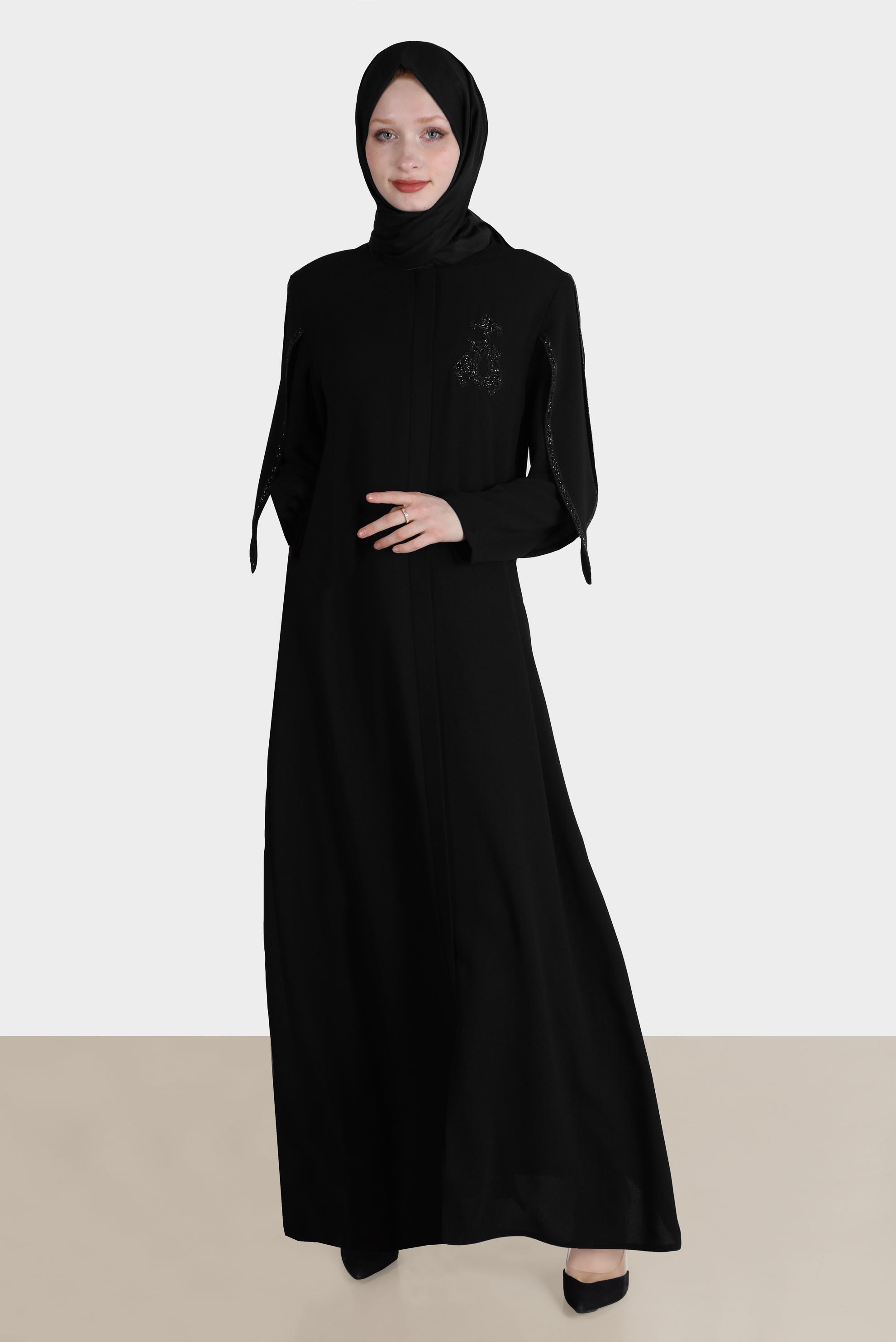 Tesettür giyim SİYAH KOL DETAYLI TAŞLI PARDESÜ 10537 