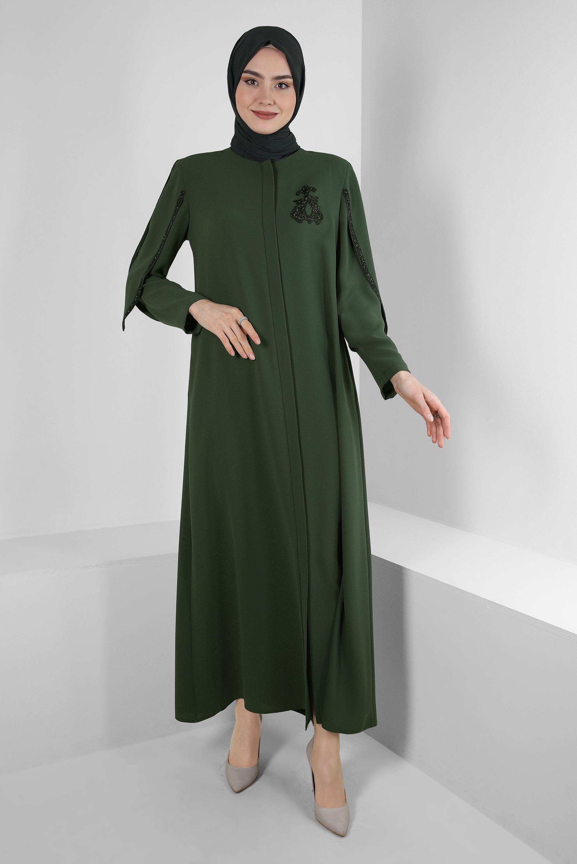 Tesettür giyim HAKİ KOL DETAYLI TAŞLI PARDESÜ 10537 