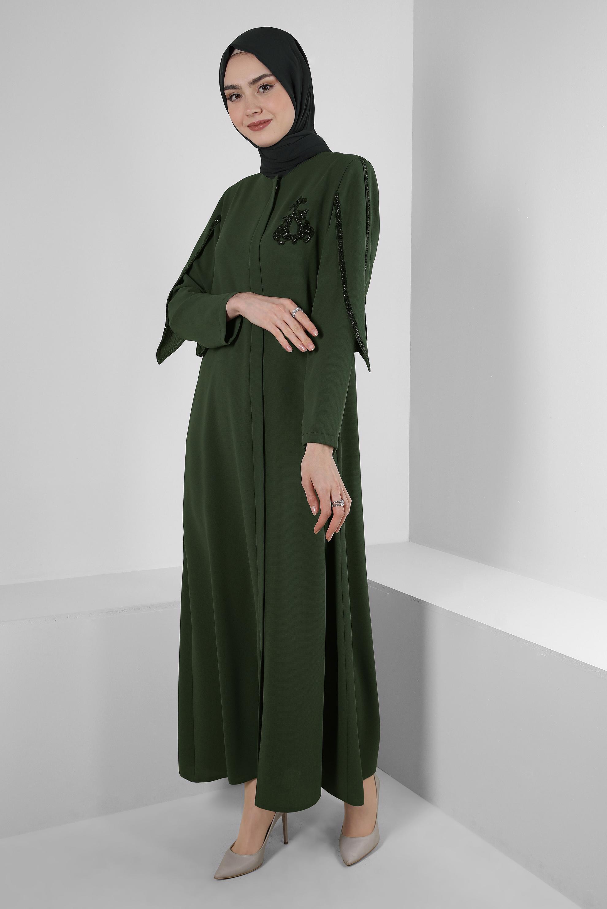 Tesettür giyim HAKİ KOL DETAYLI TAŞLI PARDESÜ 10537 