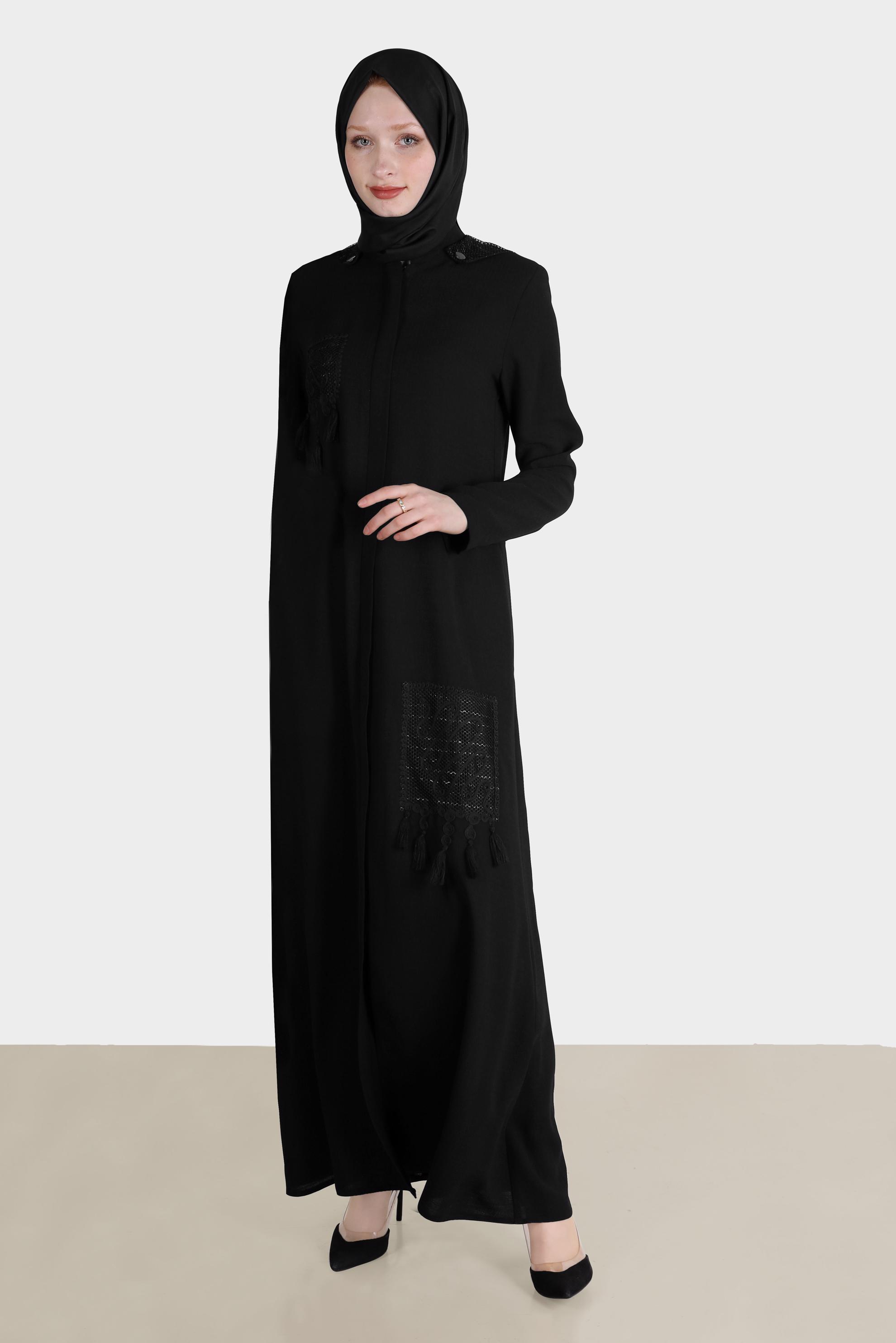 Tesettür giyim SİYAH PÜSKÜLLÜ KAPÜŞONLU PARDESÜ 10538 
