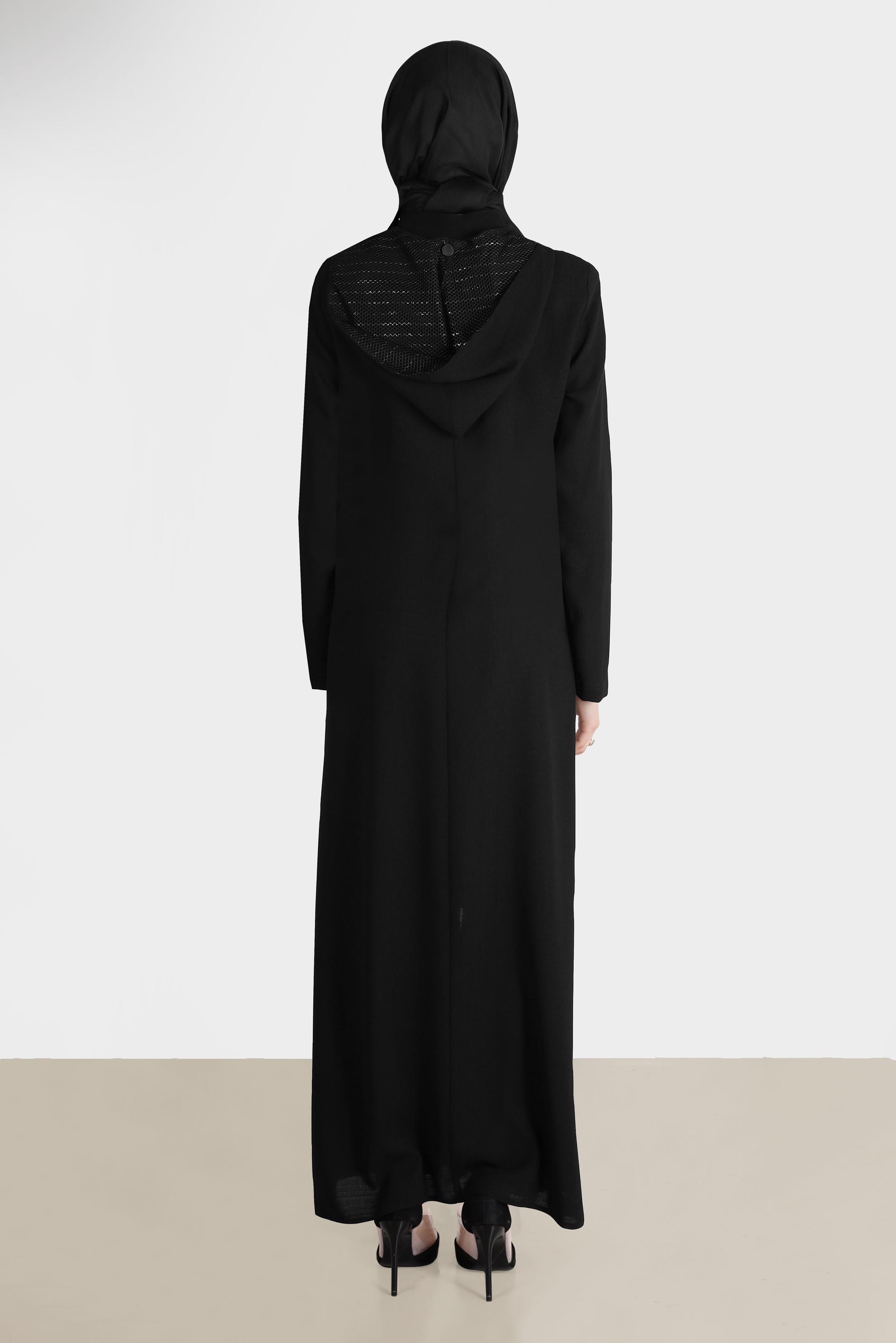 Tesettür giyim SİYAH PÜSKÜLLÜ KAPÜŞONLU PARDESÜ 10538 