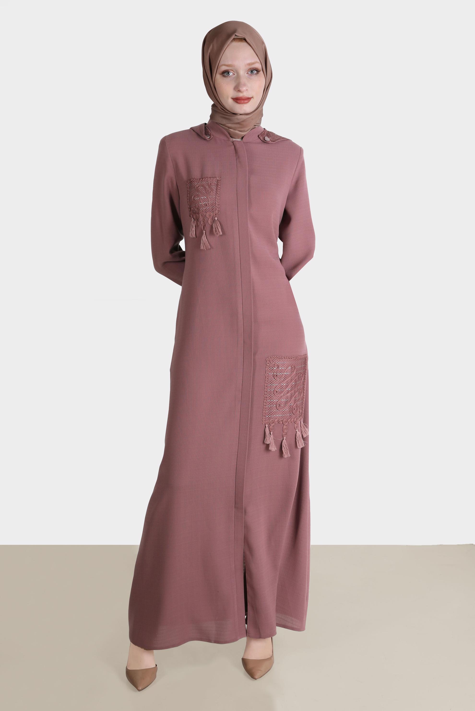 Tesettür giyim PEMBE PÜSKÜLLÜ KAPÜŞONLU PARDESÜ 10538 