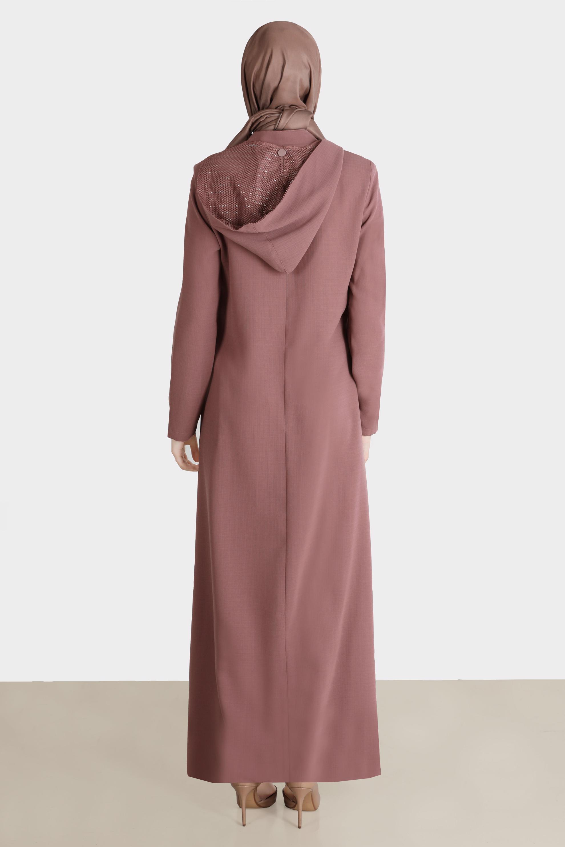 Tesettür giyim PEMBE PÜSKÜLLÜ KAPÜŞONLU PARDESÜ 10538 