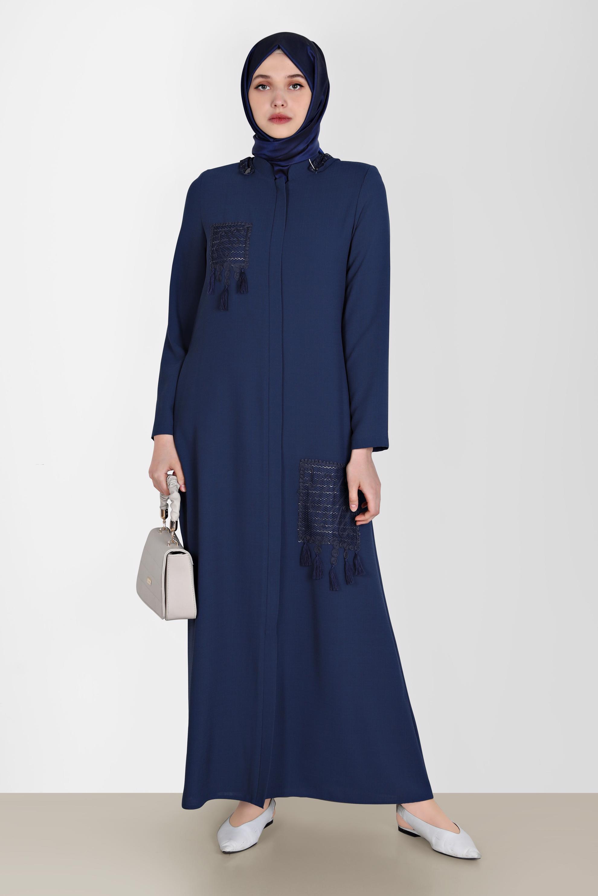Tesettür giyim LACİVERT PÜSKÜLLÜ KAPÜŞONLU PARDESÜ 10538 