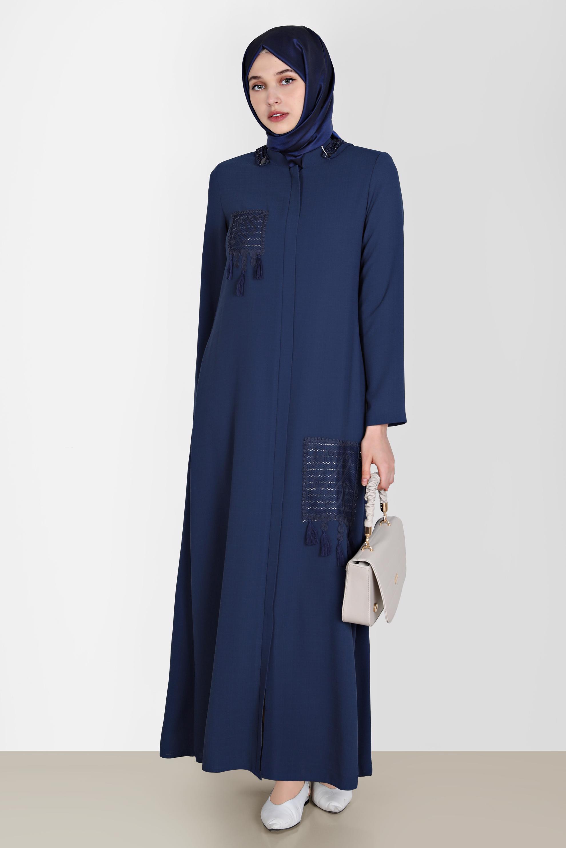 Tesettür giyim LACİVERT PÜSKÜLLÜ KAPÜŞONLU PARDESÜ 10538 