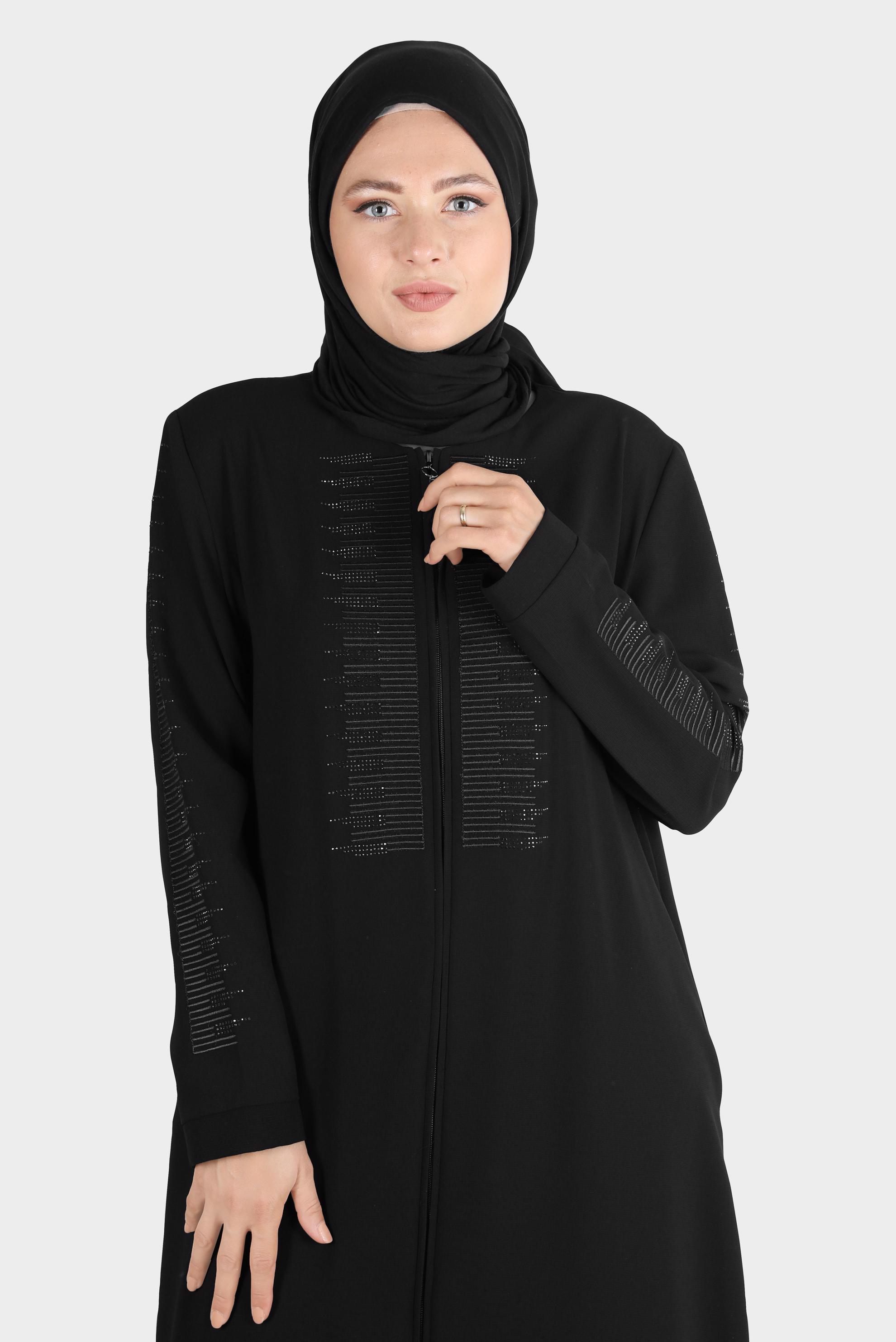 Vêtements hijab NOIR PARDESSUS ZIPPÉ AVEC GEMME 10539