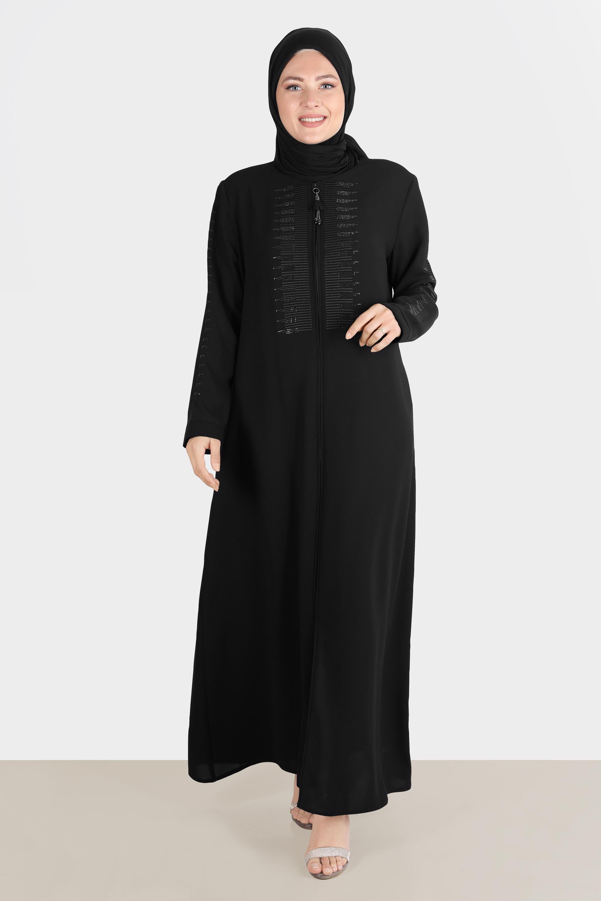 Vêtements hijab NOIR PARDESSUS ZIPPÉ AVEC GEMME 10539