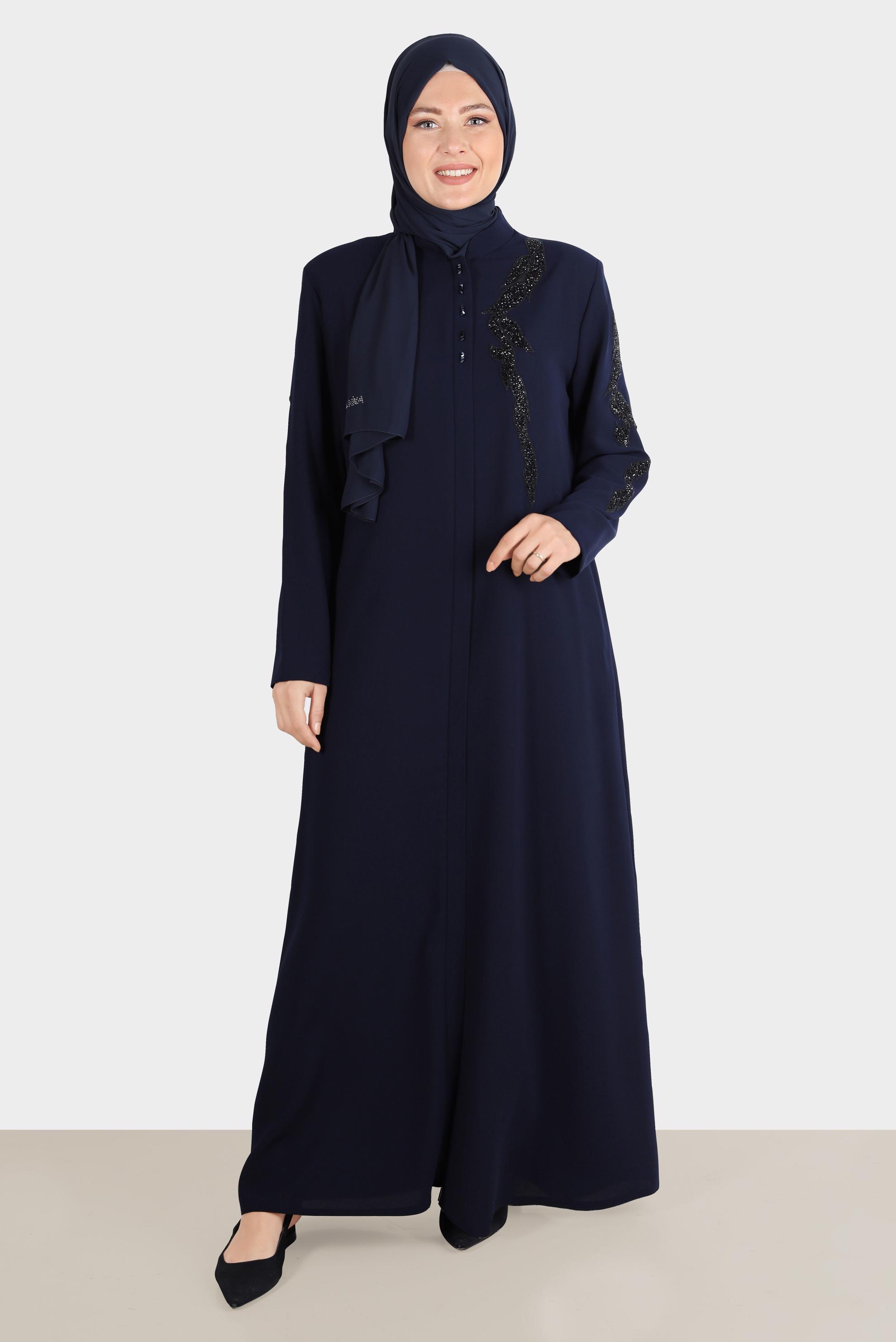 Tesettür giyim LACİVERT TAŞ DETAYLI PARDESÜ 10540 