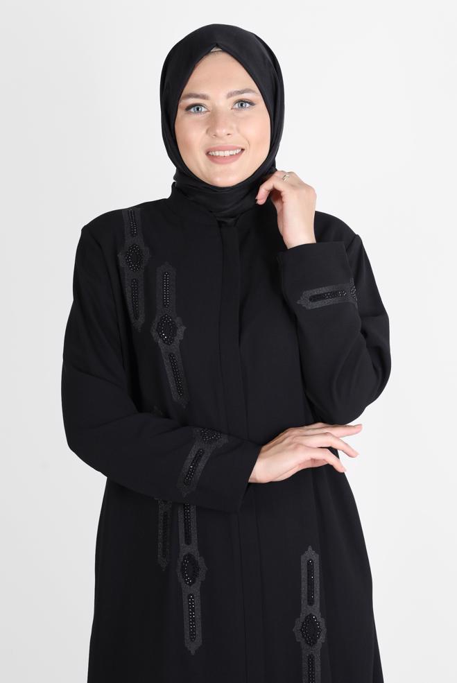Vêtements hijab NOIR FINITION COL MANDARINE AVEC GEMME 10543 - ALVİNA