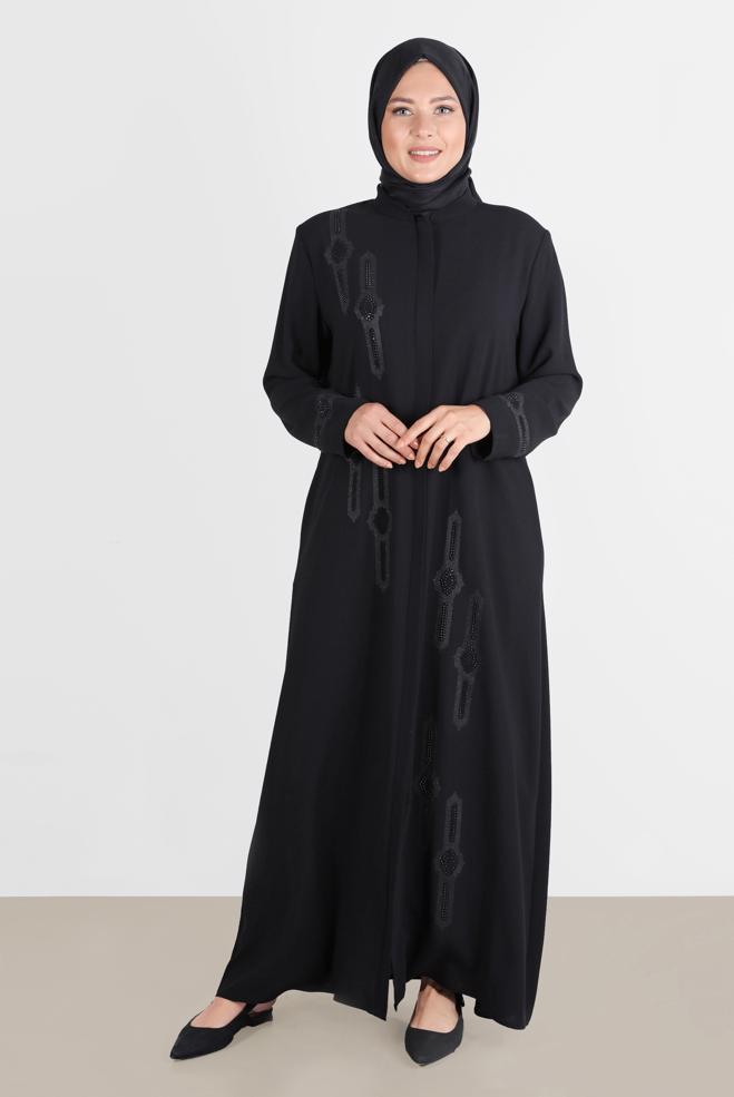 Vêtements hijab NOIR FINITION COL MANDARINE AVEC GEMME 10543 - ALVİNA