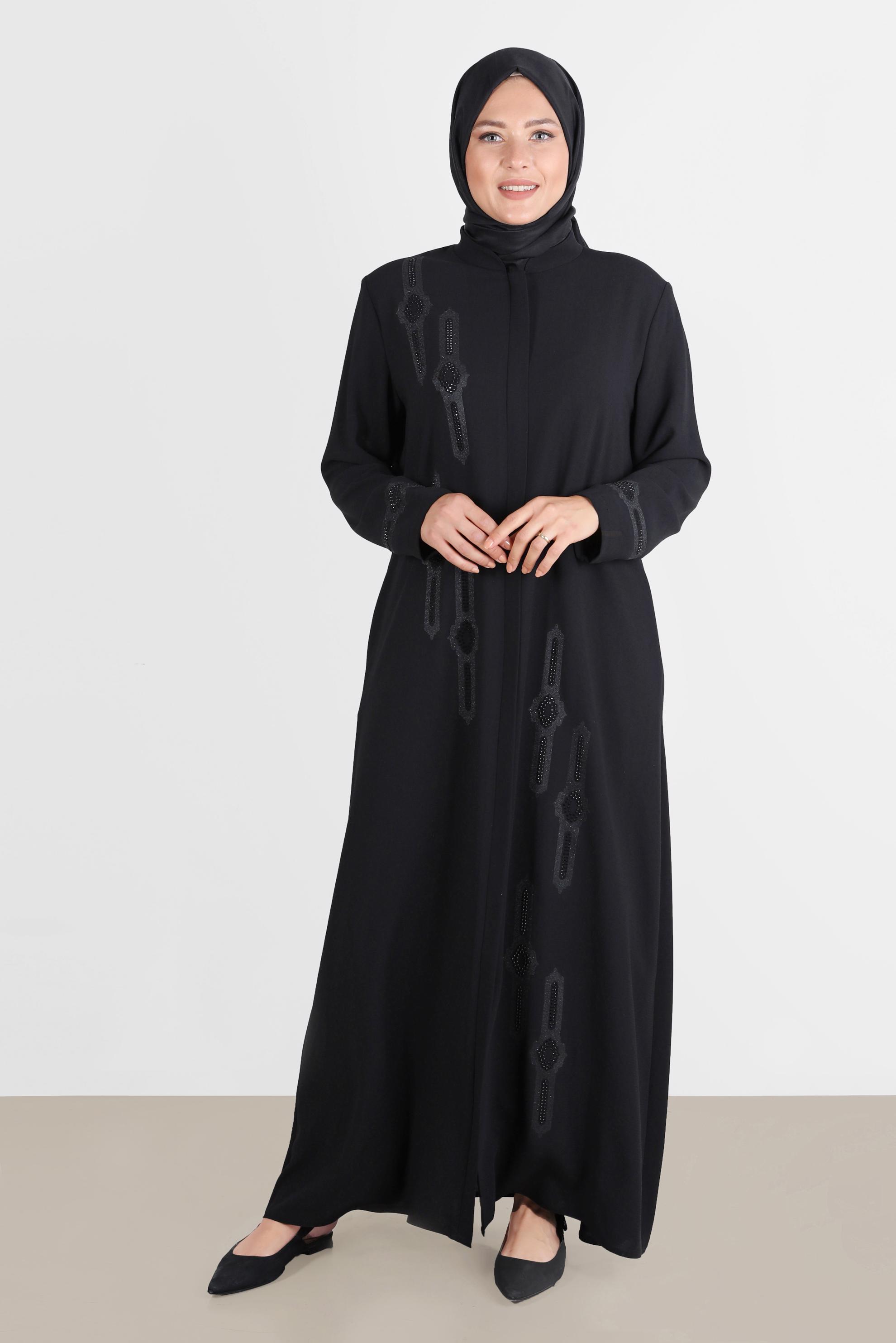 Vêtements hijab NOIR FINITION COL MANDARINE AVEC GEMME 10543