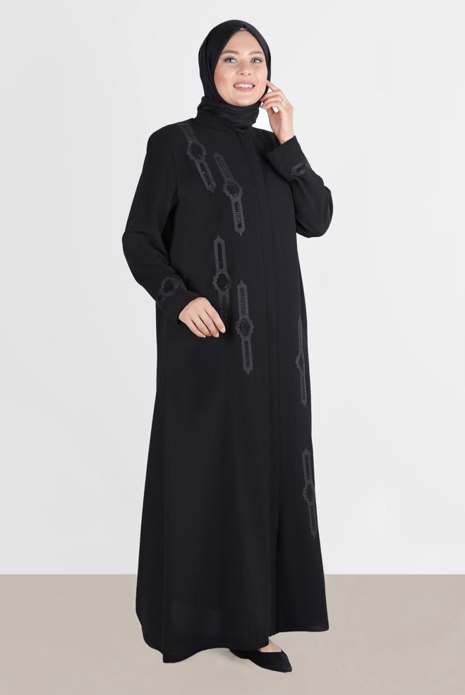 Vêtements hijab NOIR FINITION COL MANDARINE AVEC GEMME 10543 - ALVİNA