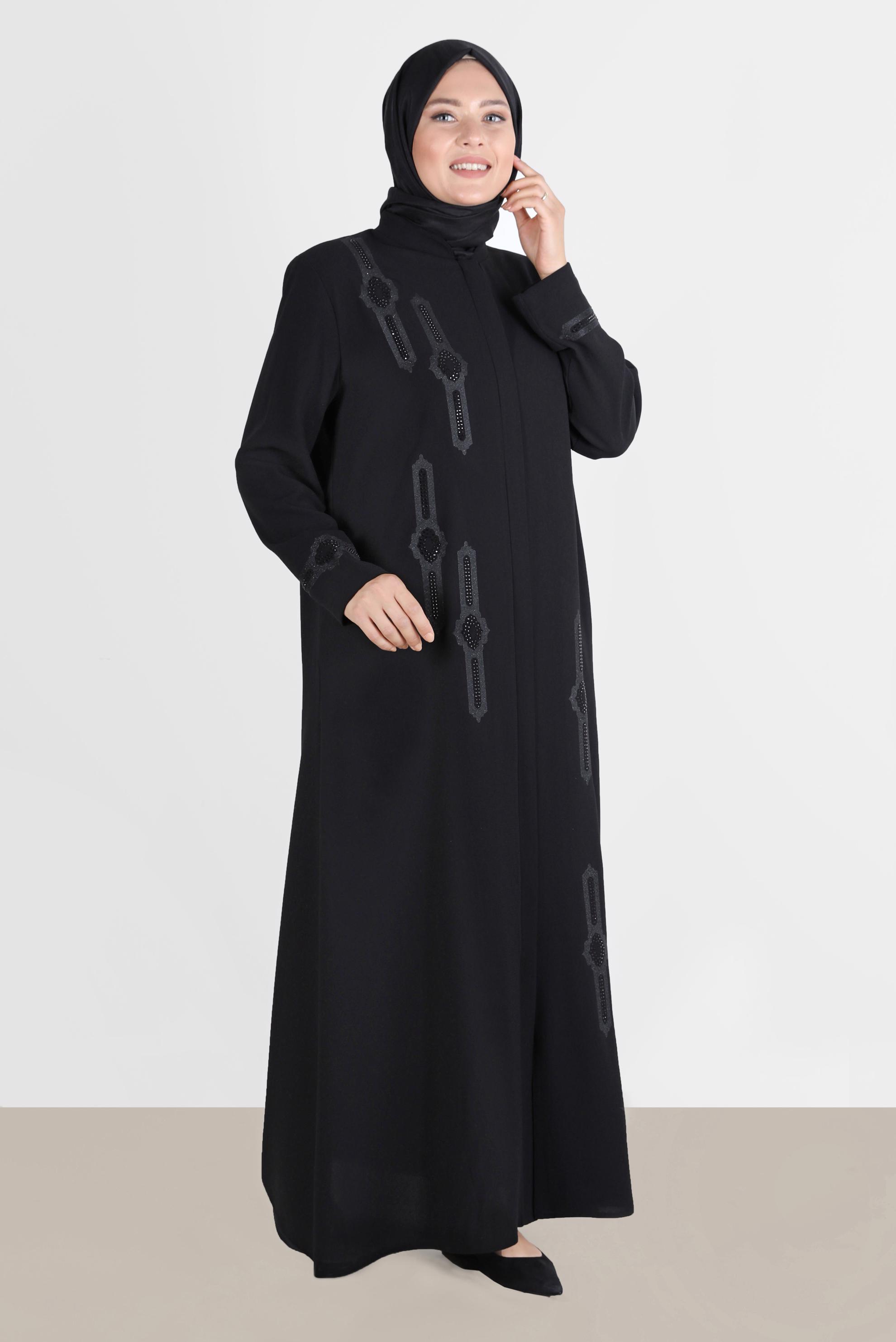 Vêtements hijab NOIR FINITION COL MANDARINE AVEC GEMME 10543