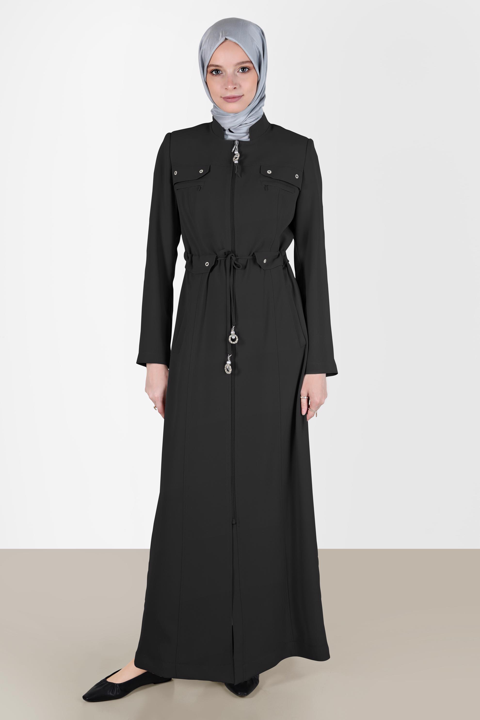 Tesettür giyim SİYAH BELİ BÜZGÜLÜ FERMUARLI PARDESÜ 10545 