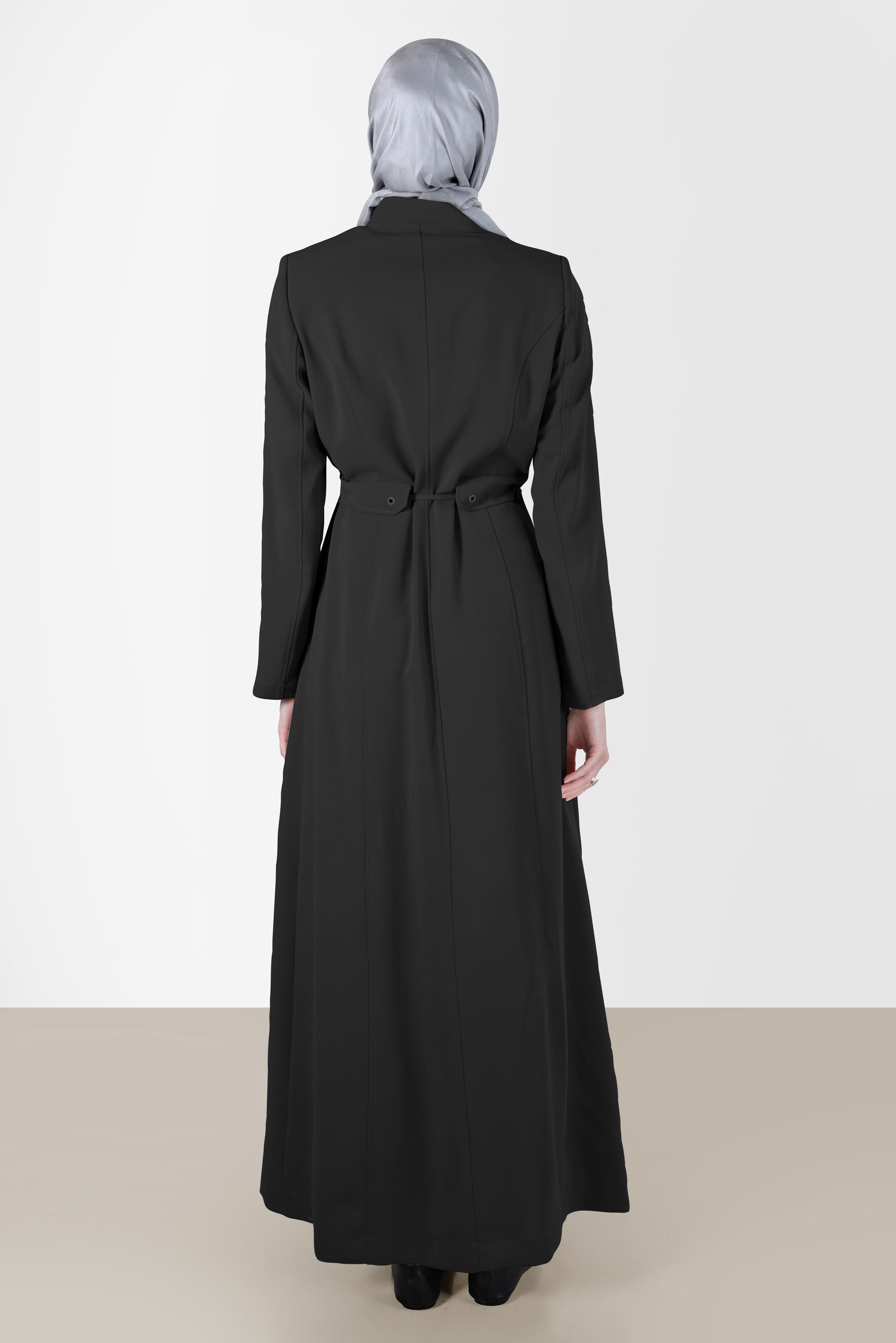 Tesettür giyim SİYAH BELİ BÜZGÜLÜ FERMUARLI PARDESÜ 10545 