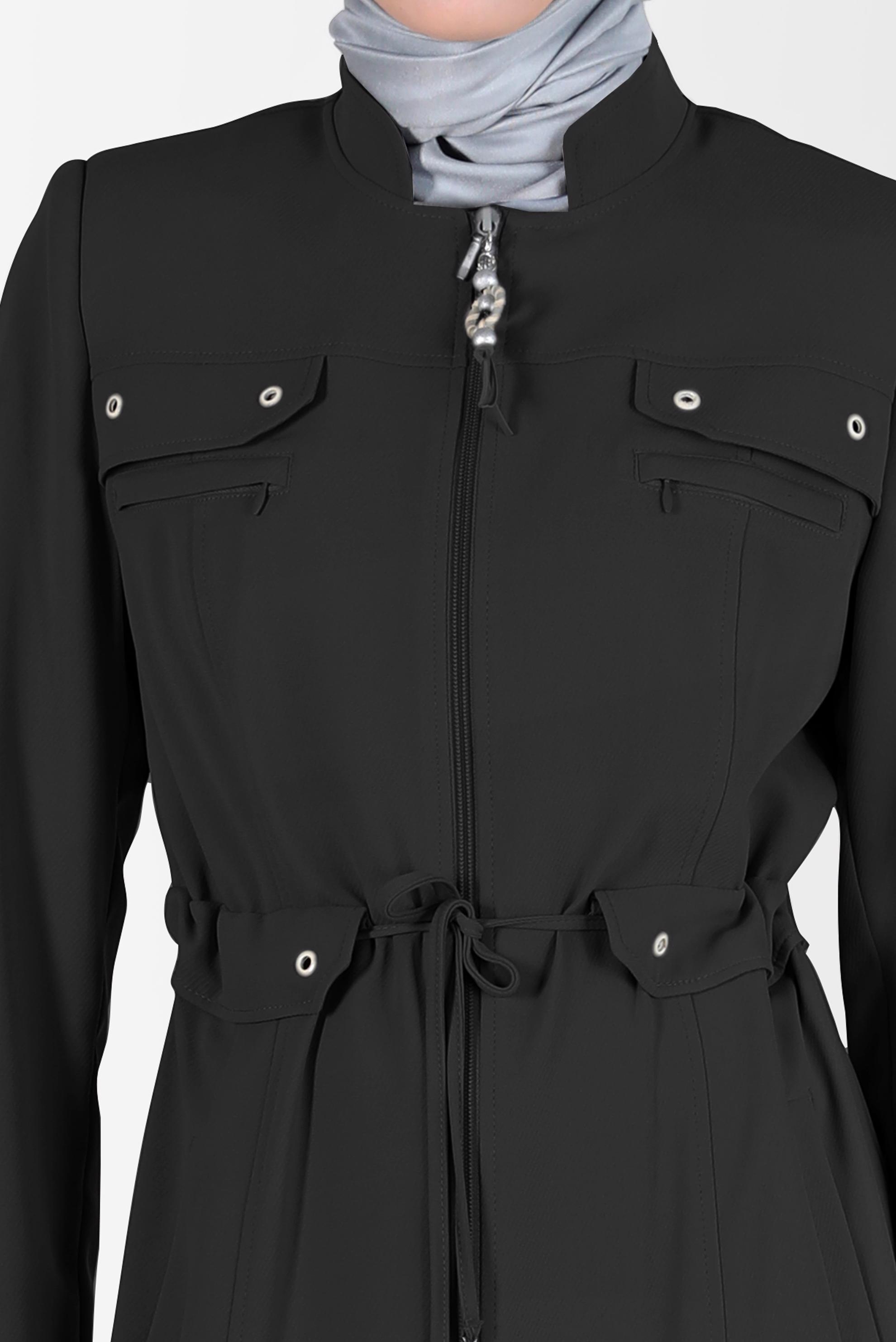 Tesettür giyim SİYAH BELİ BÜZGÜLÜ FERMUARLI PARDESÜ 10545 