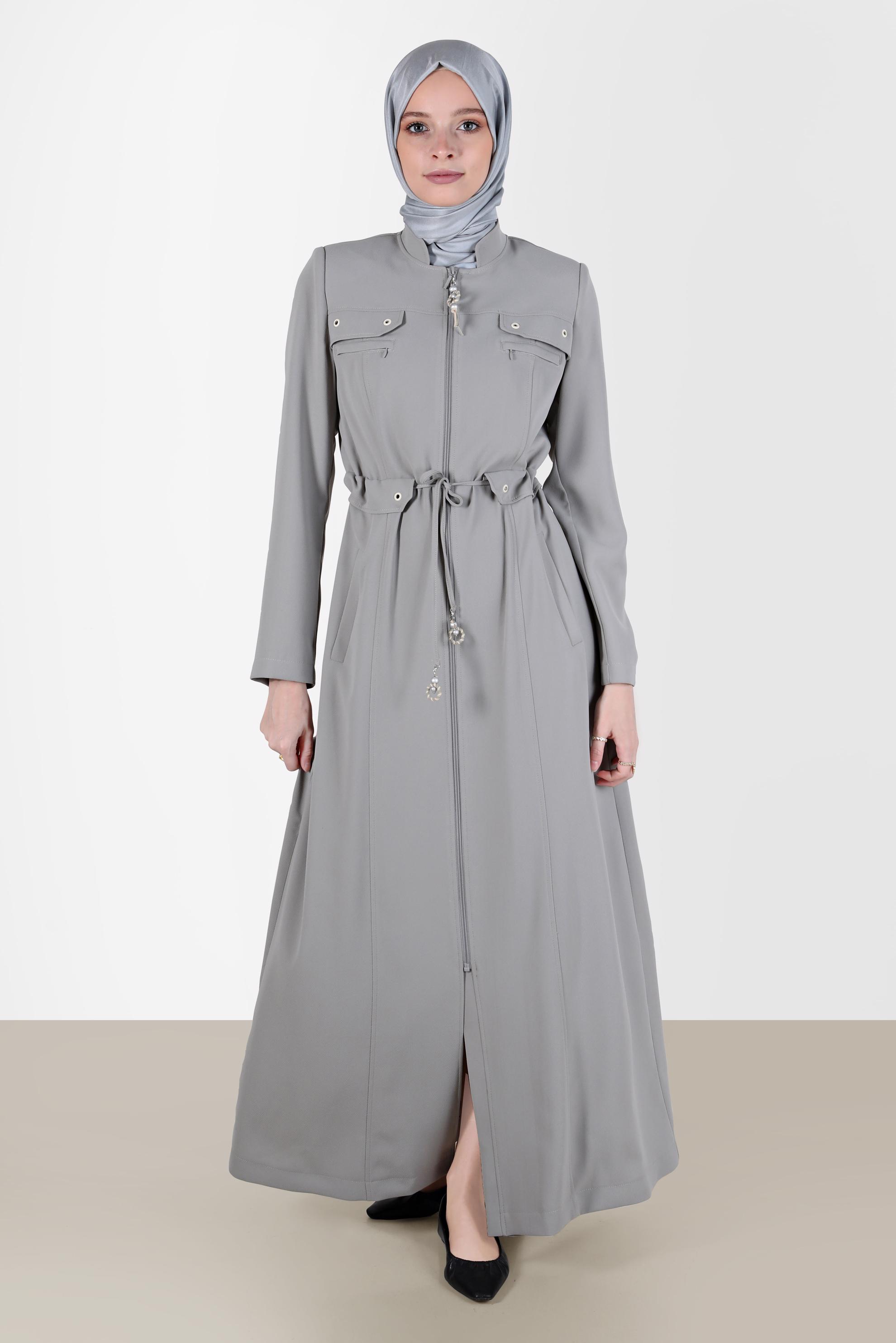 Tesettür giyim GRİ BELİ BÜZGÜLÜ FERMUARLI PARDESÜ 10545 