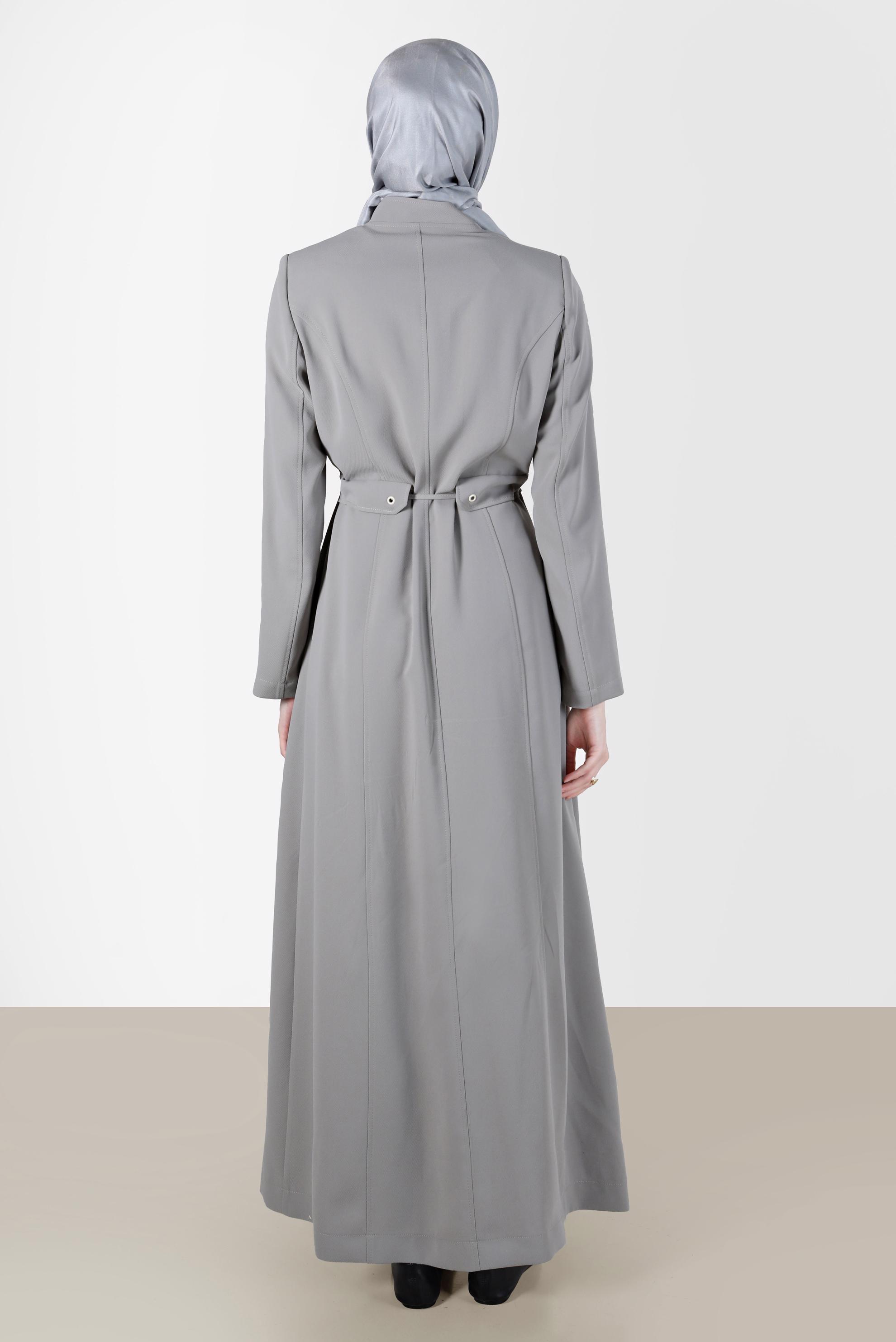 Tesettür giyim GRİ BELİ BÜZGÜLÜ FERMUARLI PARDESÜ 10545 