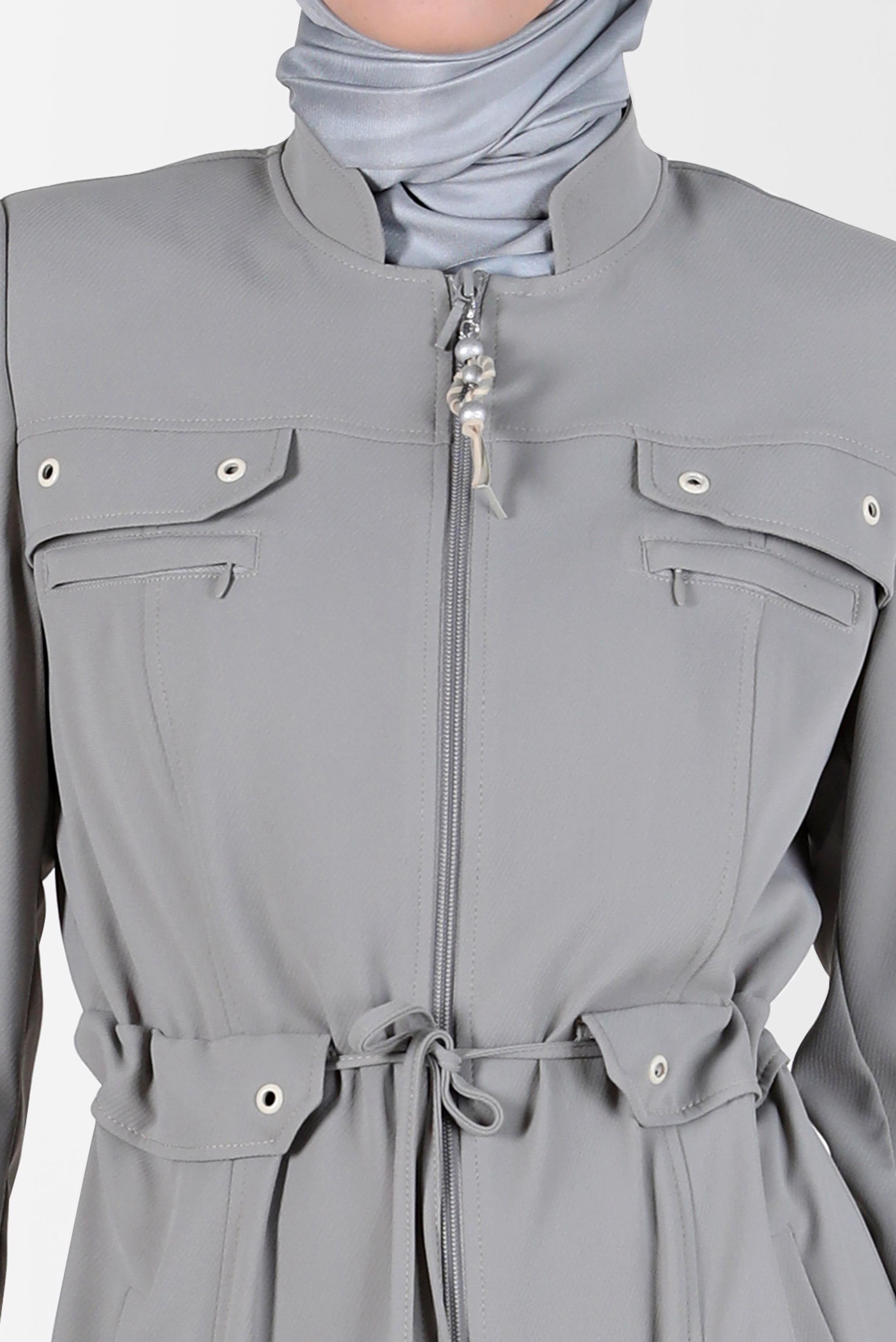 Tesettür giyim GRİ BELİ BÜZGÜLÜ FERMUARLI PARDESÜ 10545 