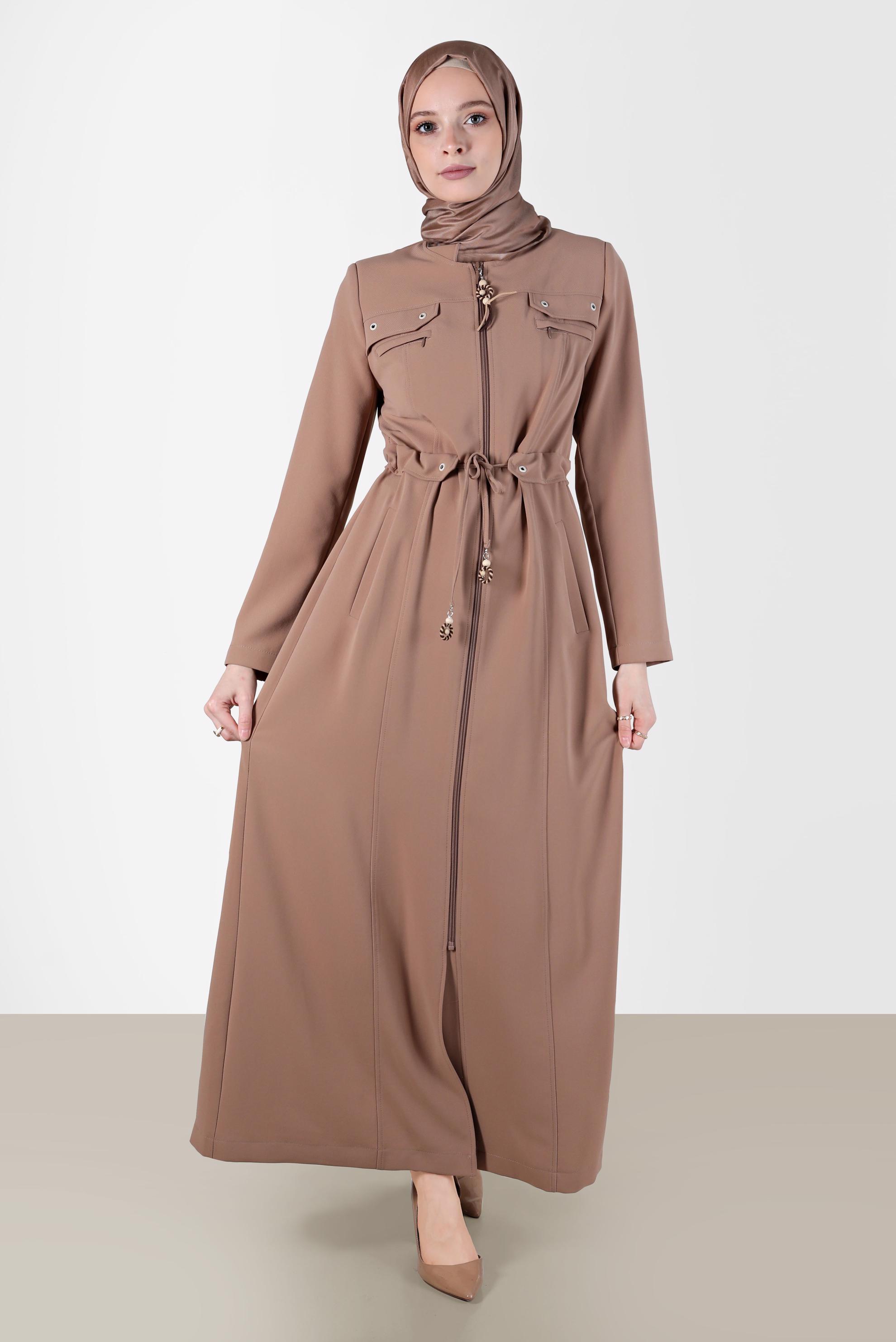Tesettür giyim KAHVE BELİ BÜZGÜLÜ FERMUARLI PARDESÜ 10545 