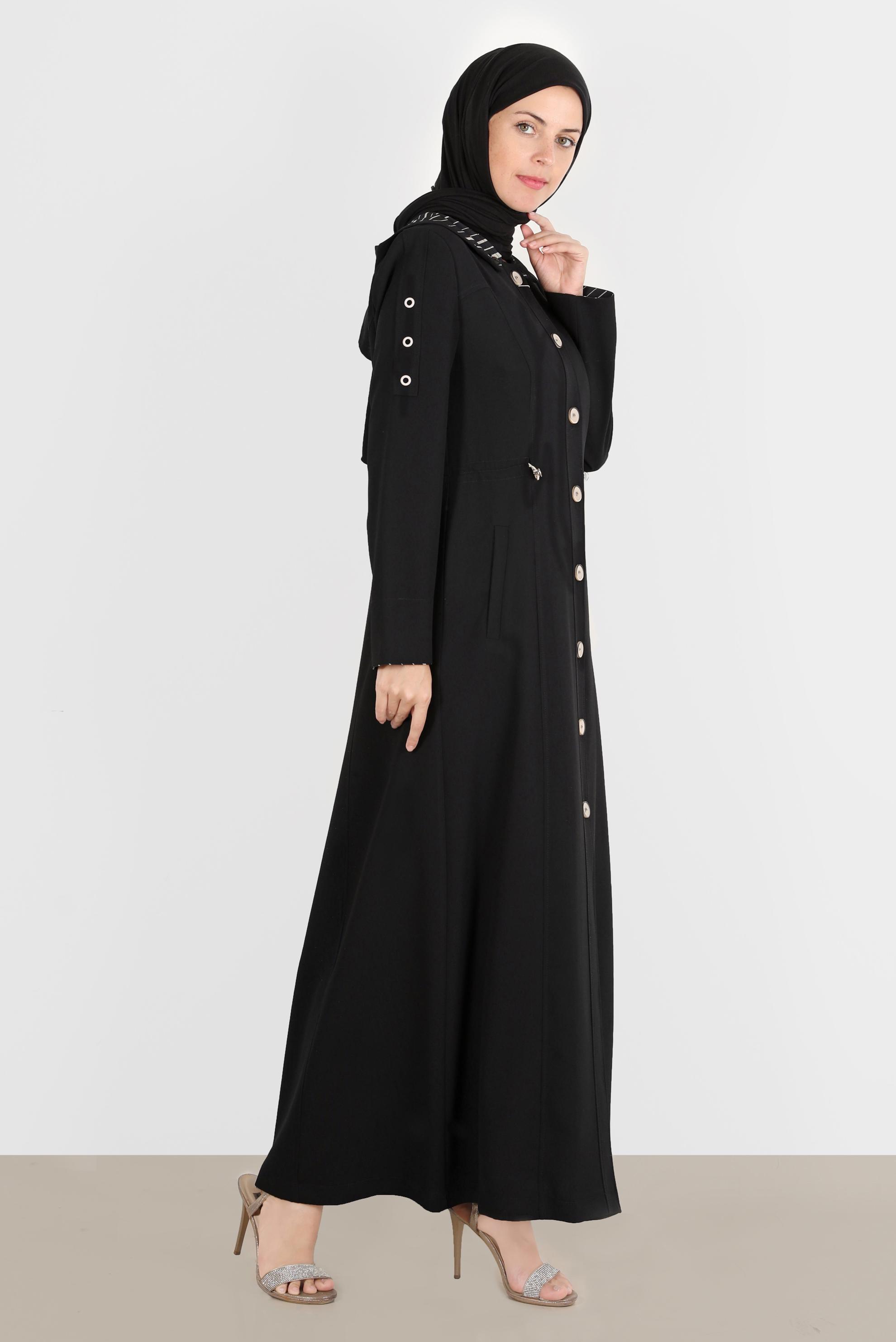 Tesettür giyim SİYAH DÜĞMELİ KAPÜŞONLU PARDESÜ 10546	