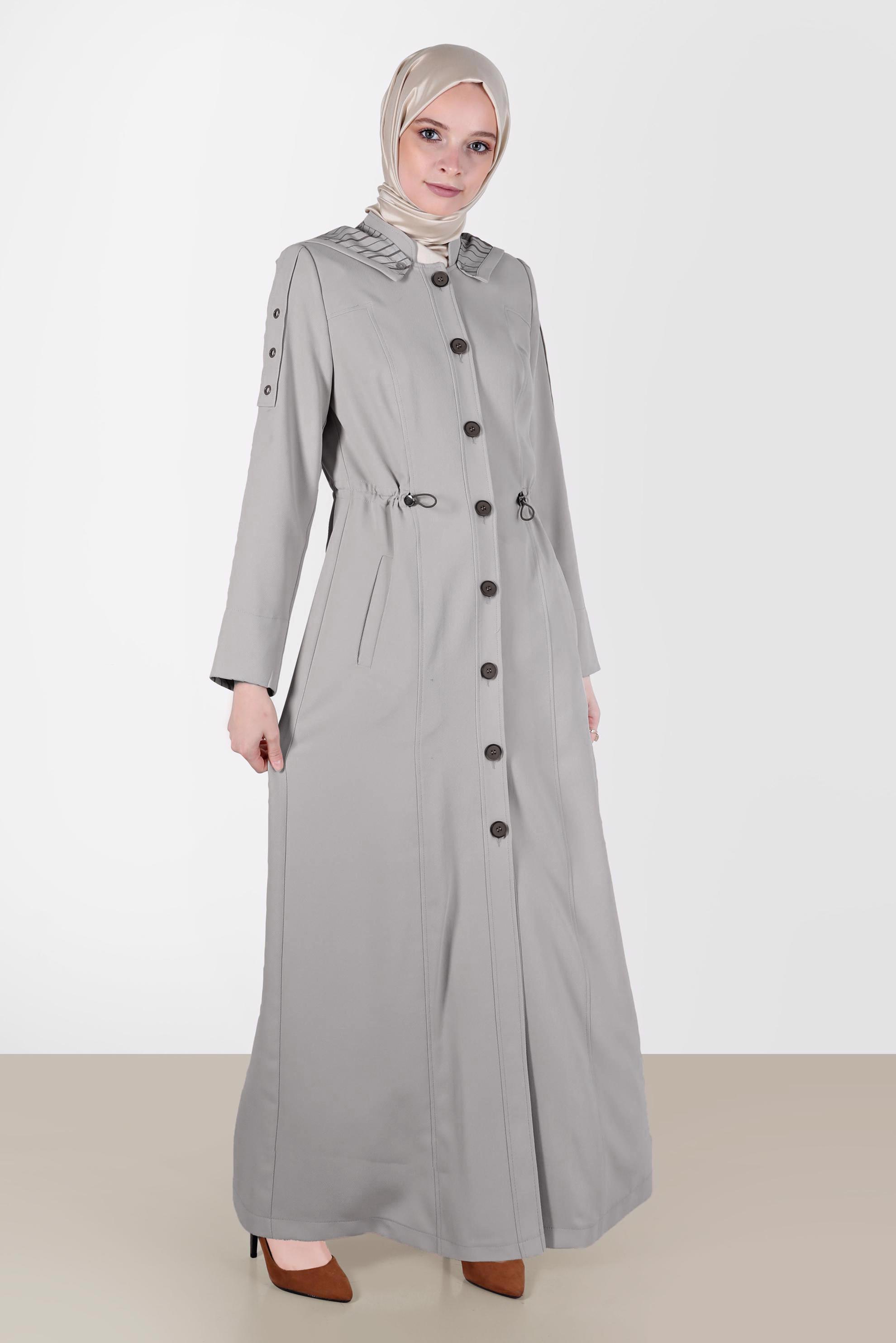 Tesettür giyim GRİ DÜĞMELİ KAPÜŞONLU PARDESÜ 10546	