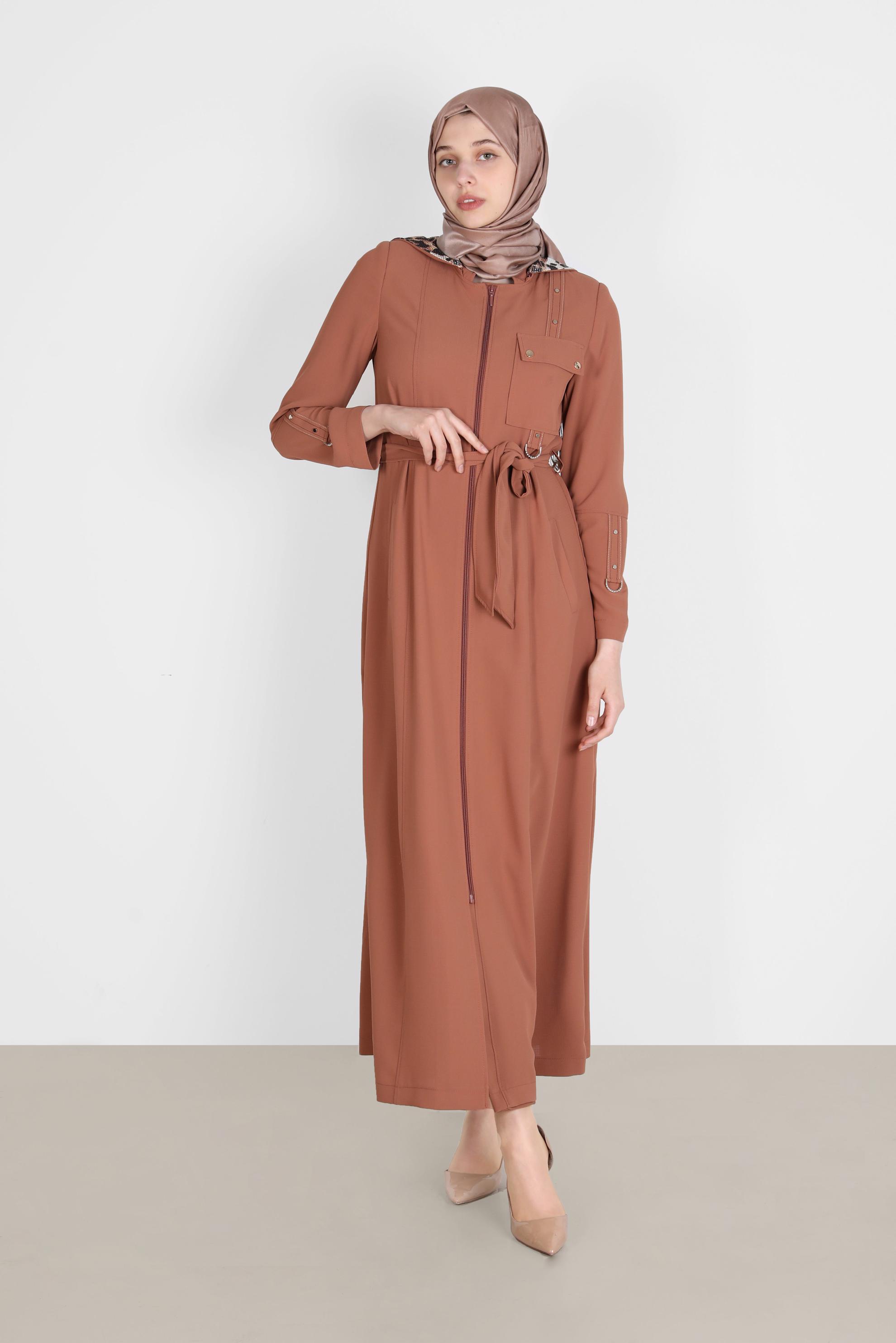 Tesettür giyim TURUNCU KAPÜŞONLU LEOPAR DESENLİ PARDESÜ 10549 