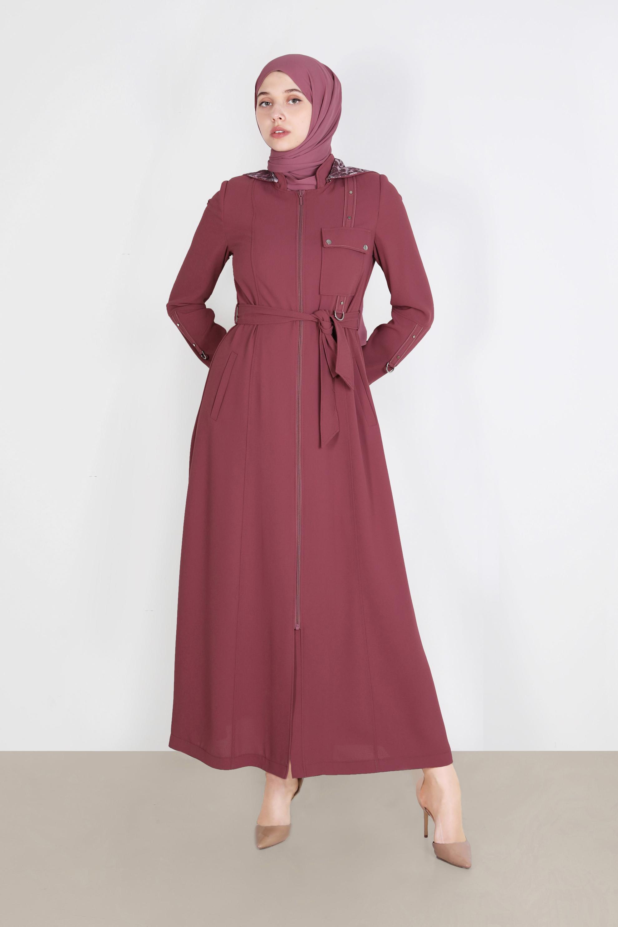 Tesettür giyim PEMBE KAPÜŞONLU LEOPAR DESENLİ PARDESÜ 10549 