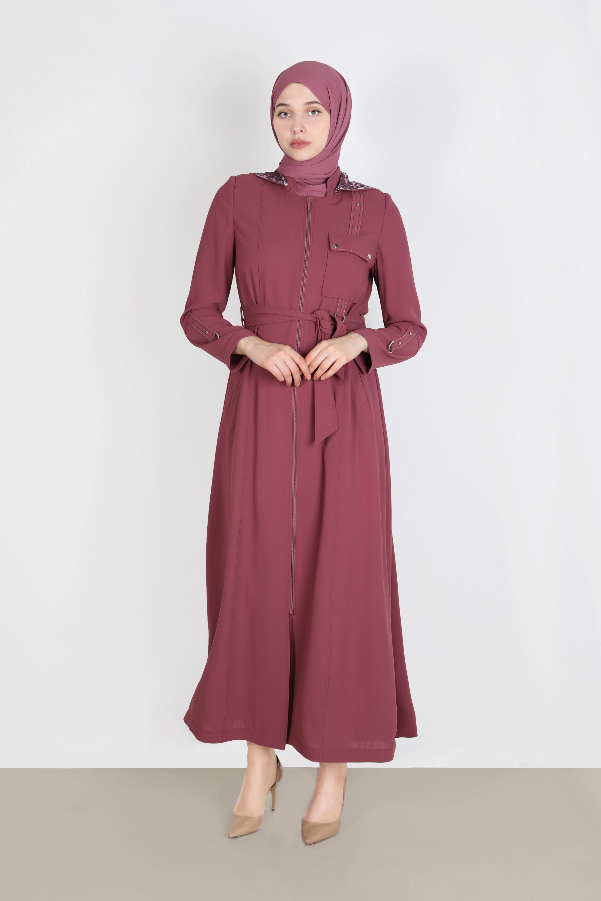 Tesettür giyim PEMBE KAPÜŞONLU LEOPAR DESENLİ PARDESÜ 10549 