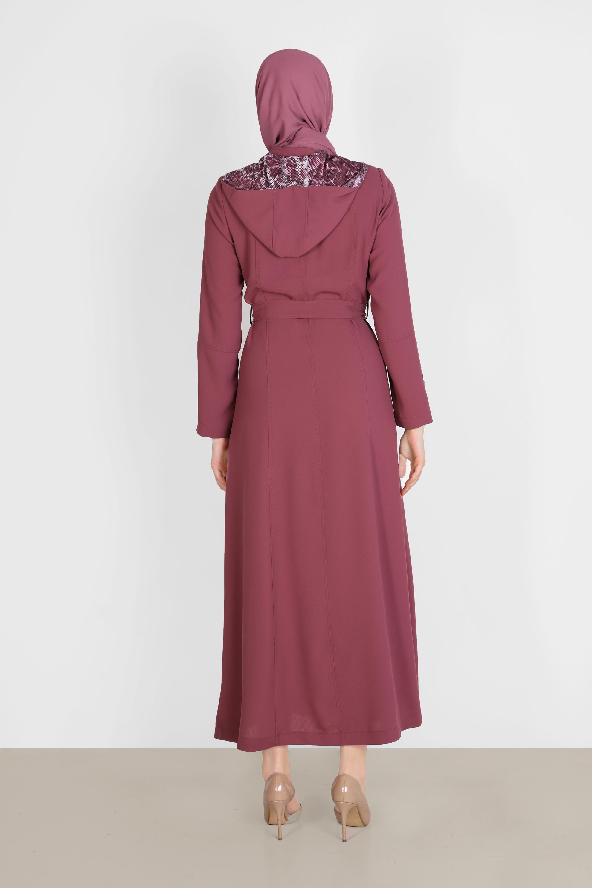 Tesettür giyim PEMBE KAPÜŞONLU LEOPAR DESENLİ PARDESÜ 10549 