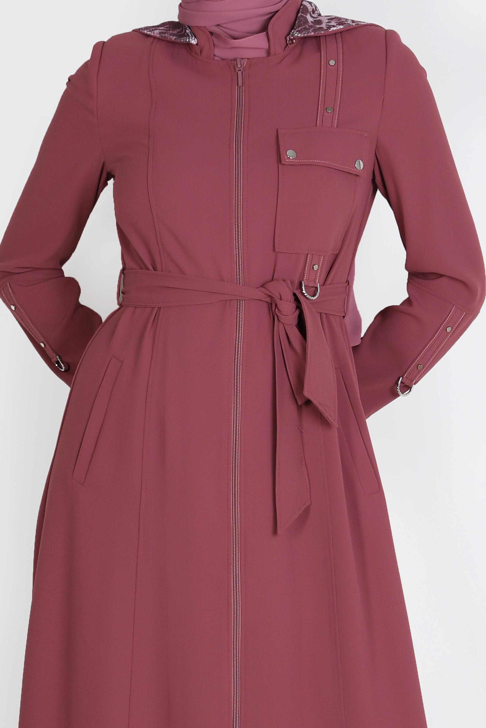 Tesettür giyim PEMBE KAPÜŞONLU LEOPAR DESENLİ PARDESÜ 10549 