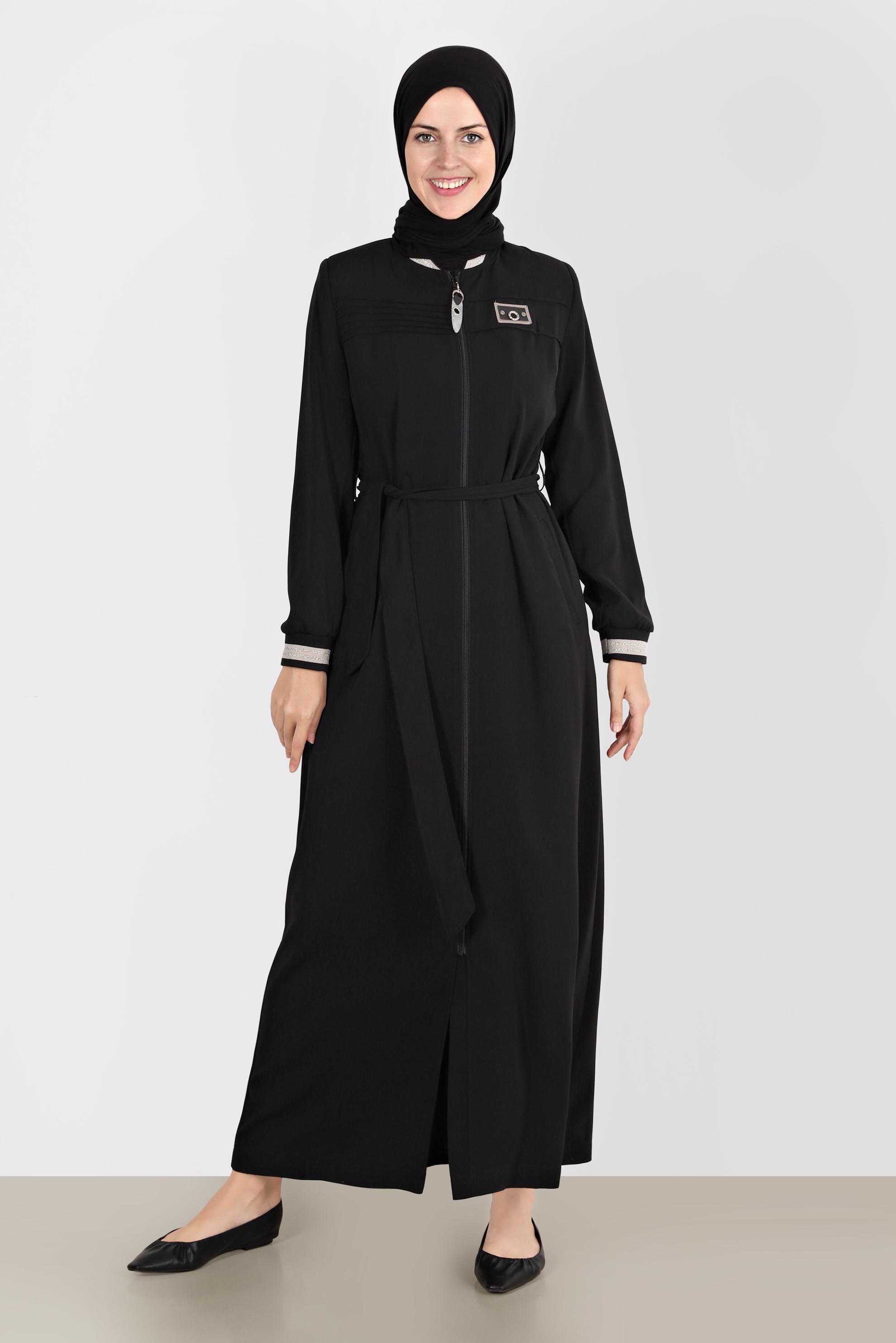 Tesettür giyim SİYAH FERMUARLI KUŞAKLI PARDESÜ 10551 