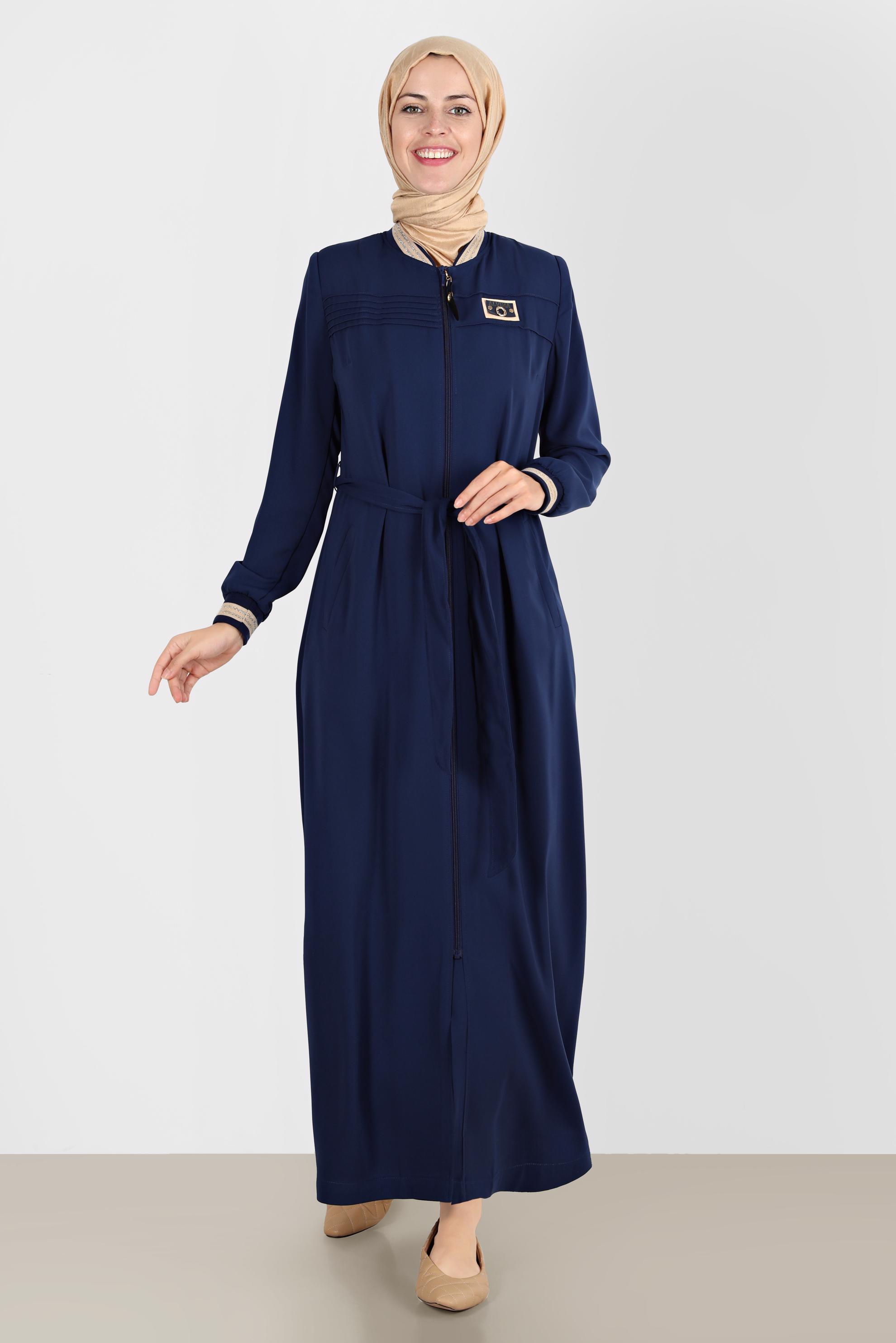 Tesettür giyim LACİVERT FERMUARLI KUŞAKLI PARDESÜ 10551 