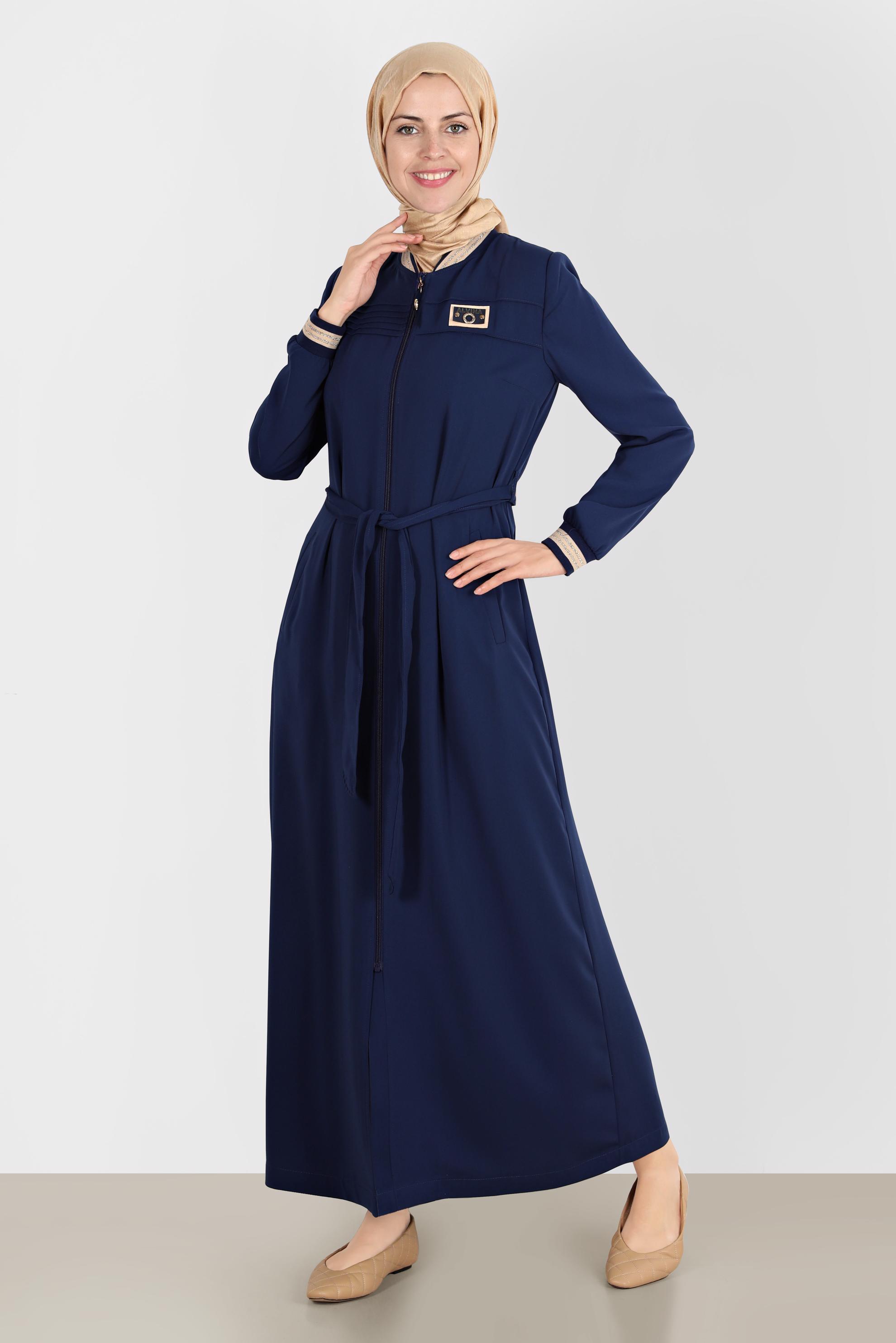Tesettür giyim LACİVERT FERMUARLI KUŞAKLI PARDESÜ 10551 