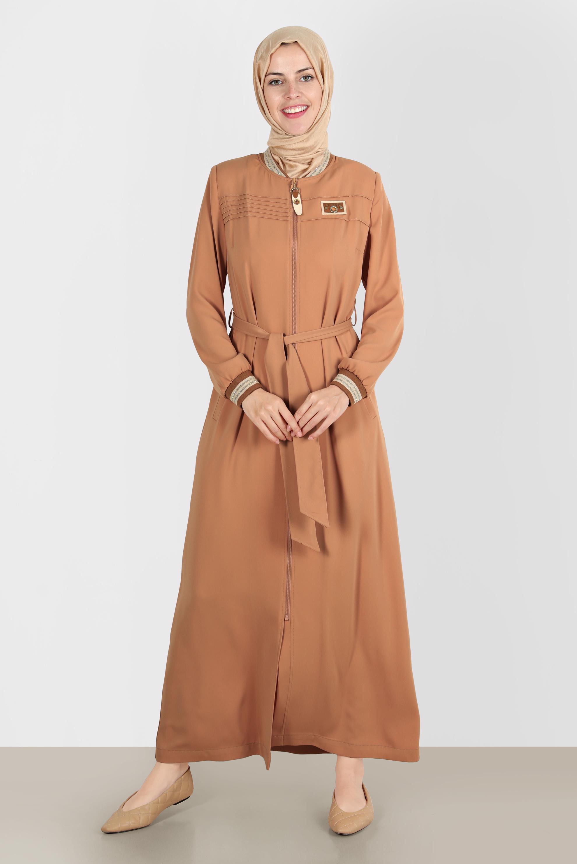 Tesettür giyim KAHVE FERMUARLI KUŞAKLI PARDESÜ 10551 