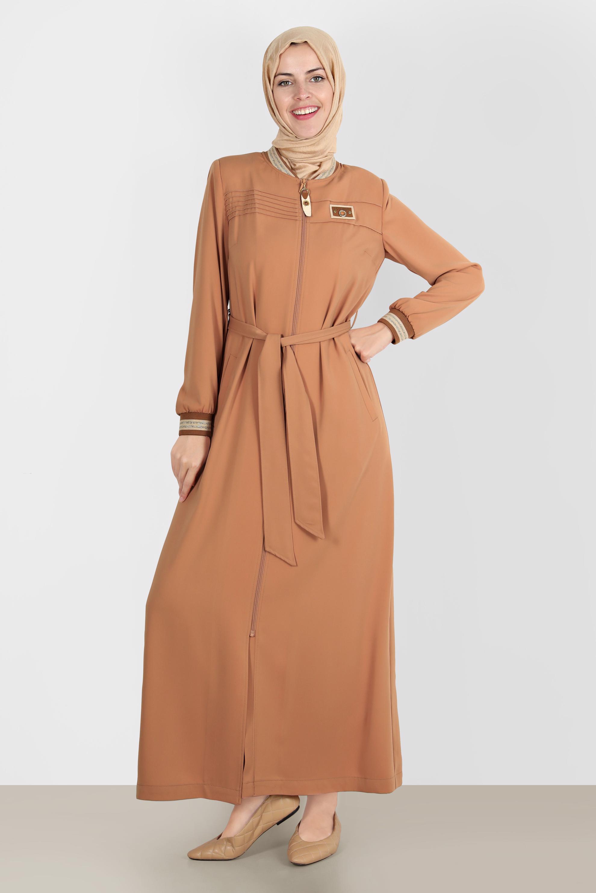 Tesettür giyim KAHVE FERMUARLI KUŞAKLI PARDESÜ 10551 