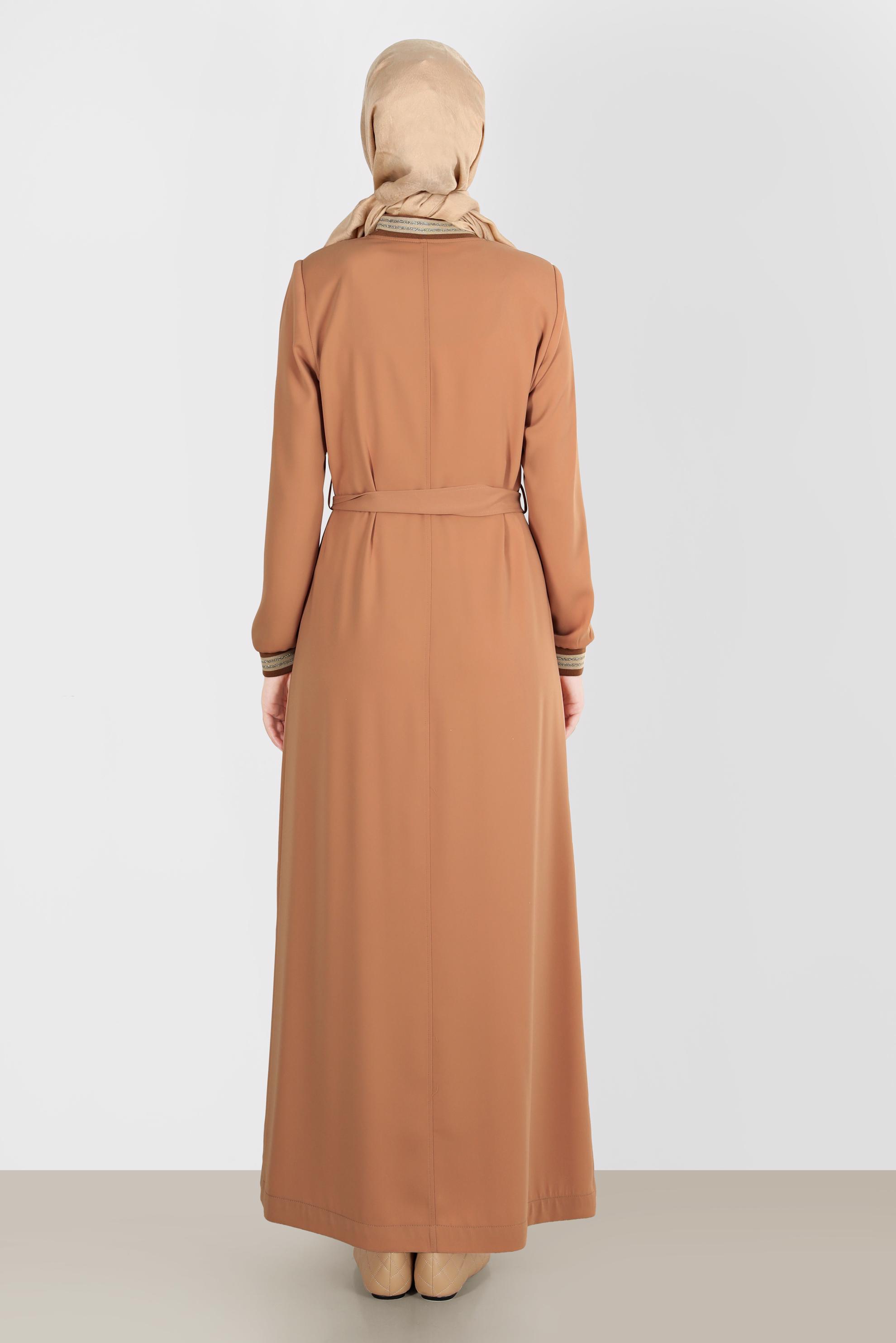 Tesettür giyim KAHVE FERMUARLI KUŞAKLI PARDESÜ 10551 