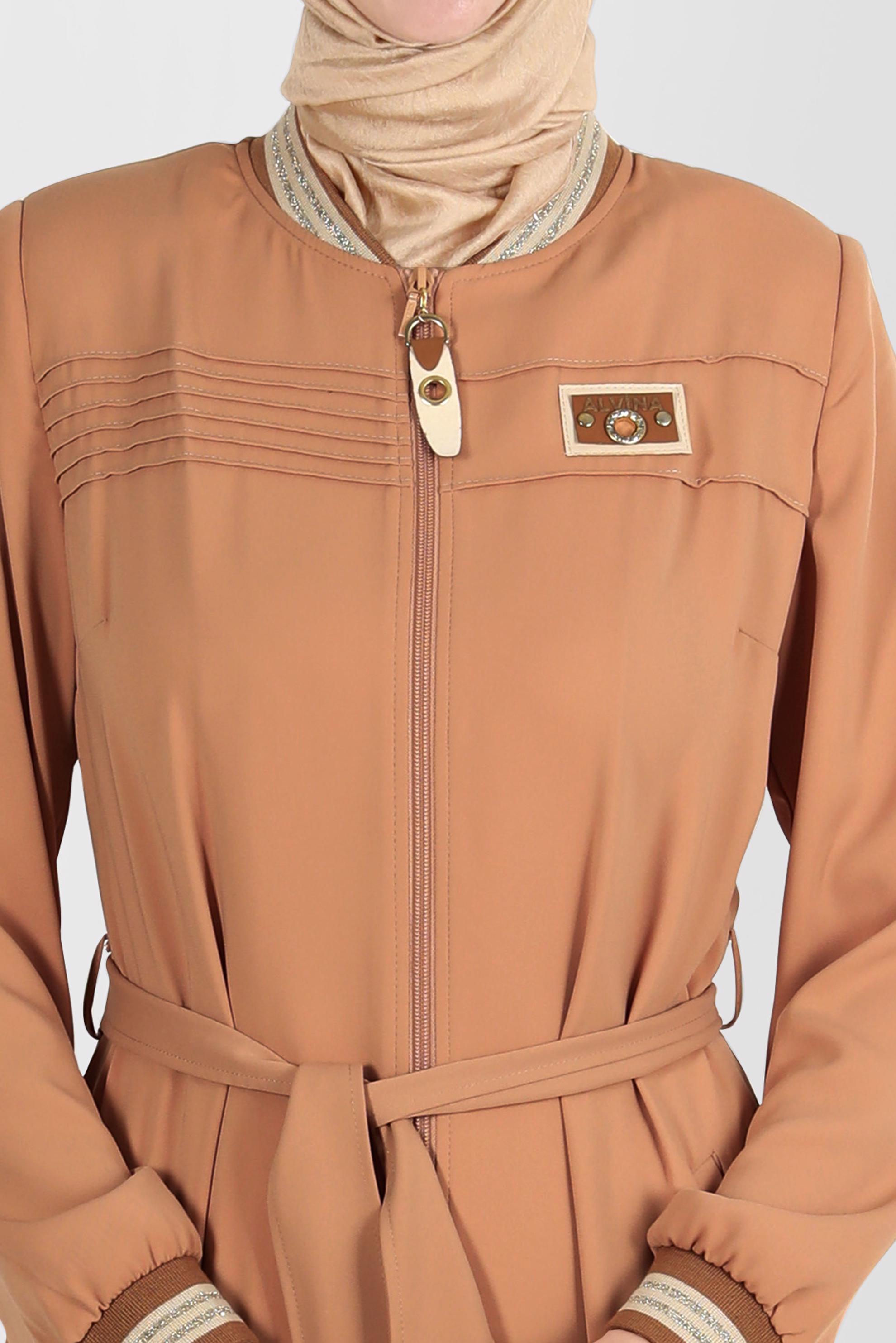 Tesettür giyim KAHVE FERMUARLI KUŞAKLI PARDESÜ 10551 