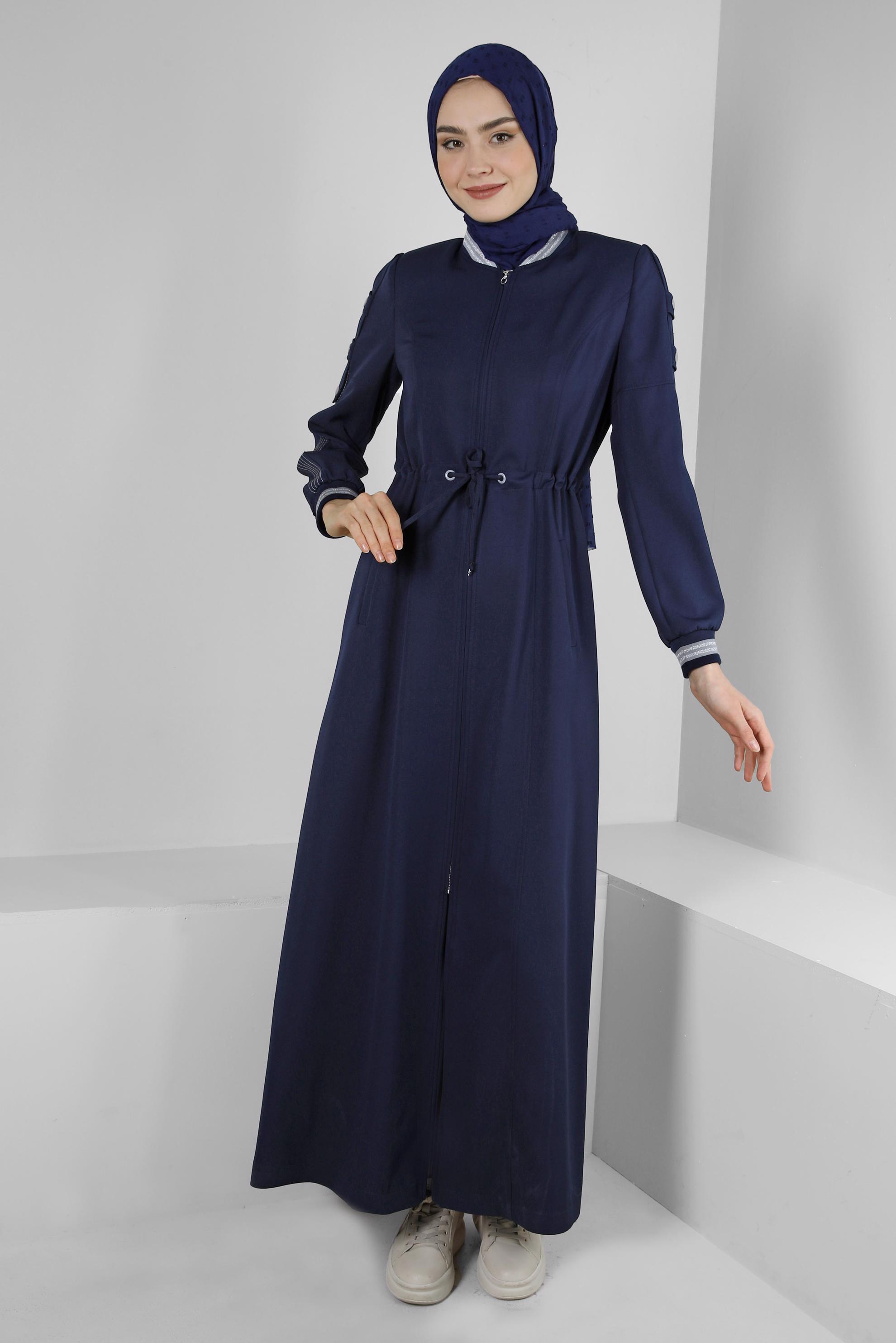 Tesettür giyim LACİVERT BELİ BÜZGÜLÜ MANŞETLERİ LASTİKLİ PARDESÜ 10553
