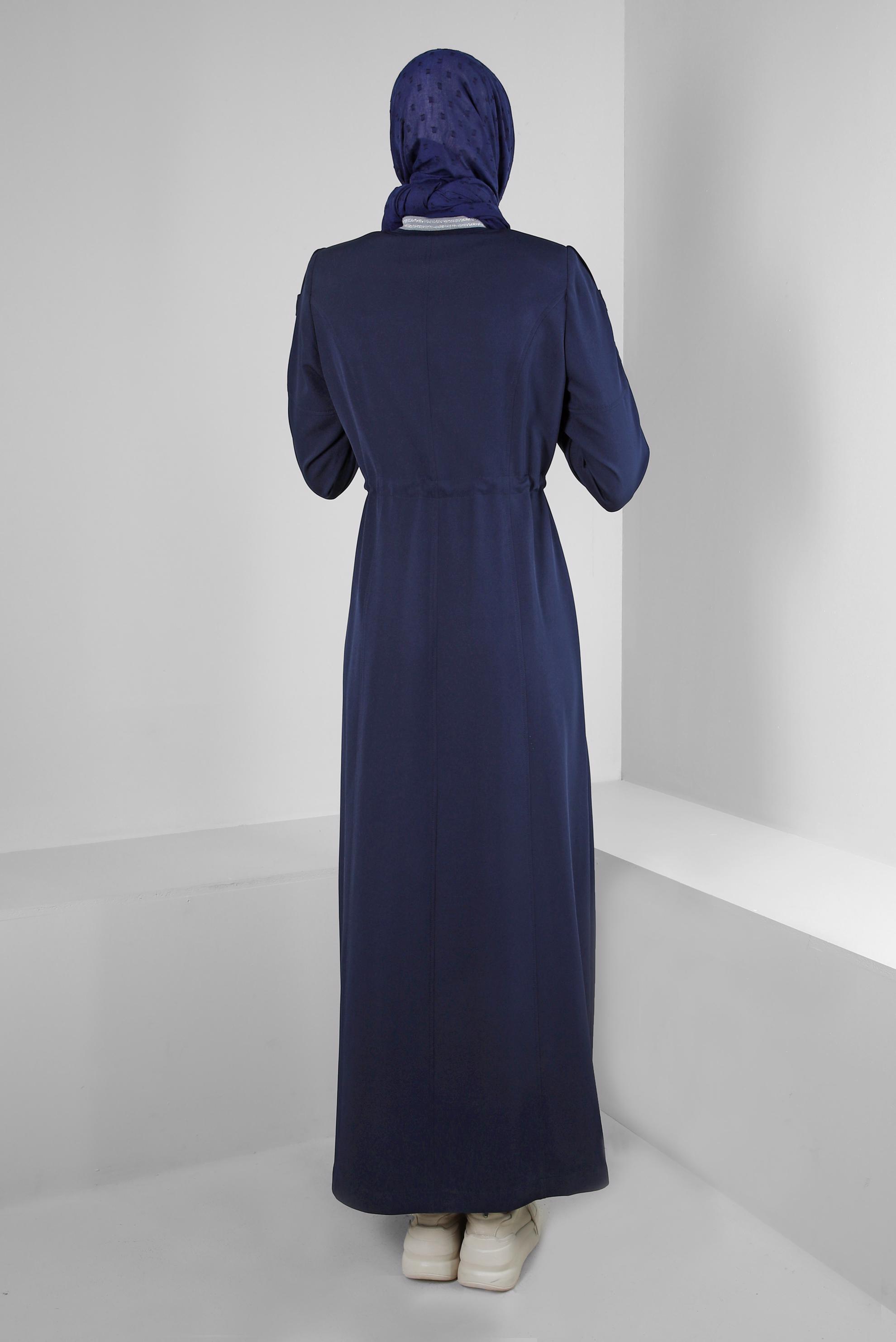 Tesettür giyim LACİVERT BELİ BÜZGÜLÜ MANŞETLERİ LASTİKLİ PARDESÜ 10553