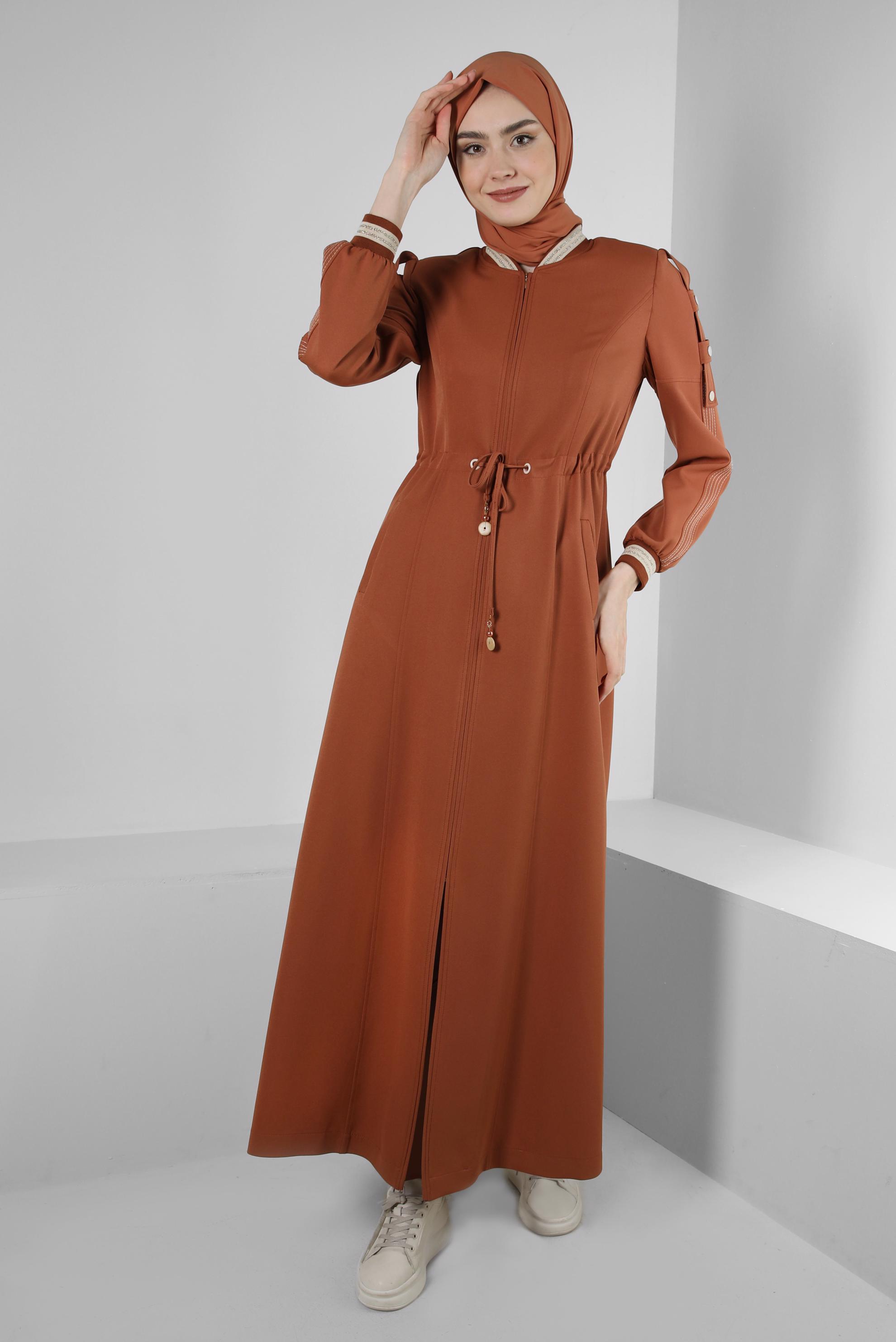 Tesettür giyim TABA BELİ BÜZGÜLÜ MANŞETLERİ LASTİKLİ PARDESÜ 10553